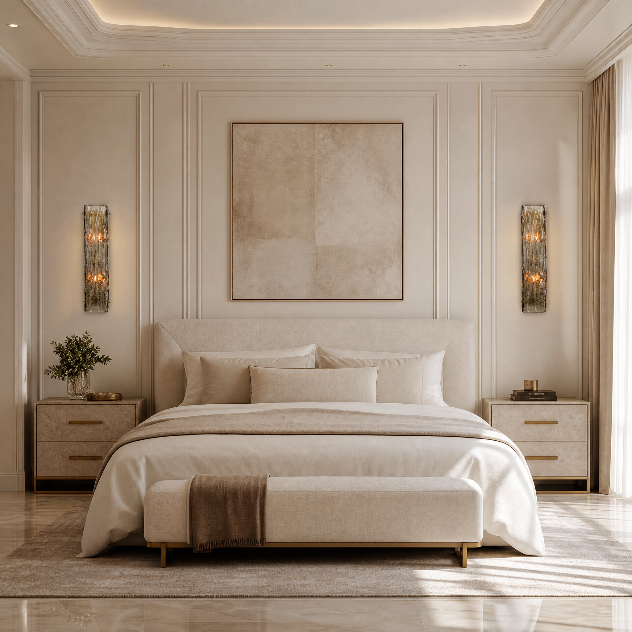 VORELLI Vialone Wall Light installed in a modern luxury living room, creating a sophisticated and warm residential ambiance.