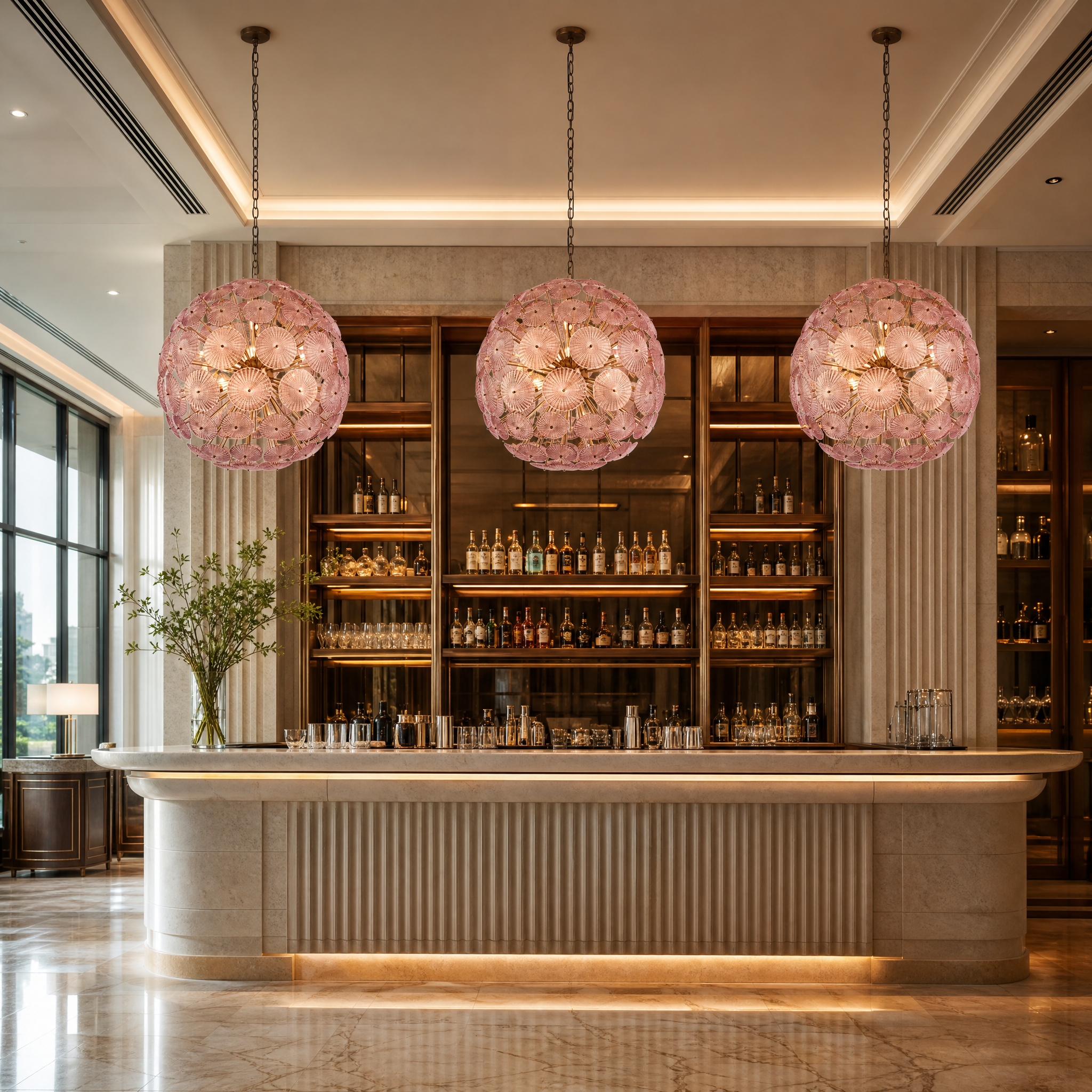 VORELLI Vicenzino large dandelion-inspired green glass sputnik pendant light making a bold ceiling statement in a modern hospitality lobby setting.