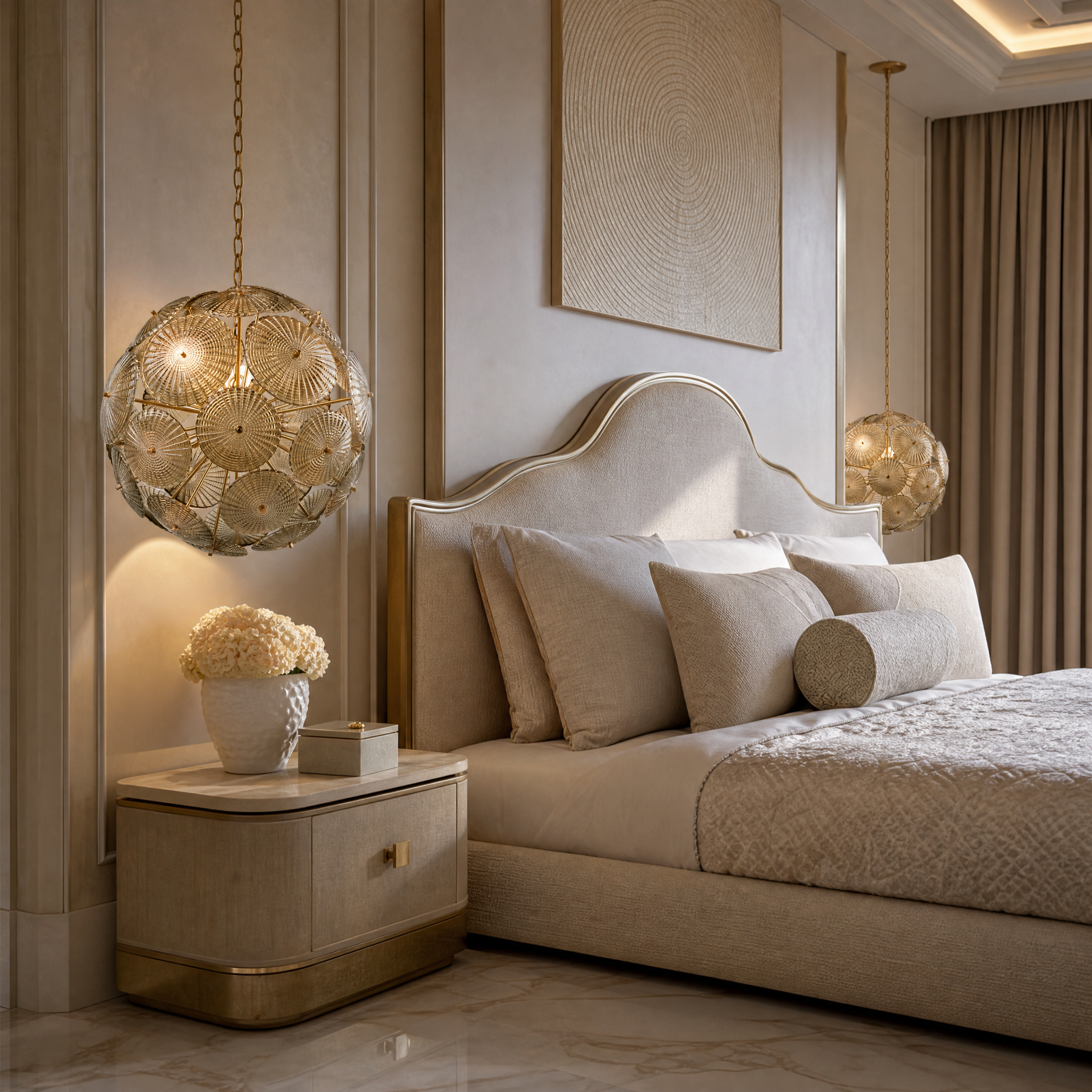 VORELLI Vicenzino small green glass pendant light installed in a contemporary luxury residential living room.