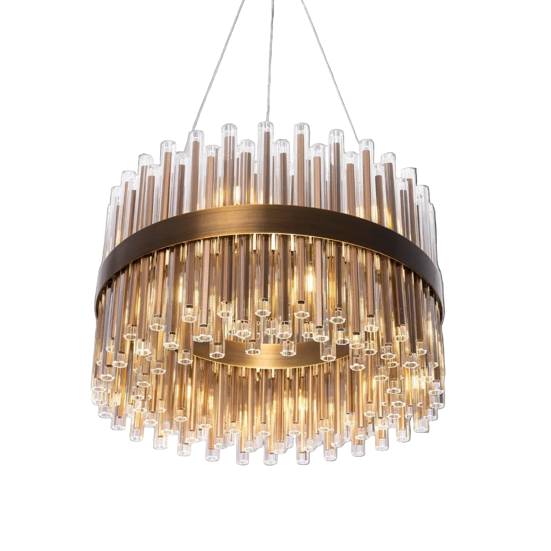 VORELLI Victoria circular chandelier with crystal tubing and stainless steel frame for luxury interiors