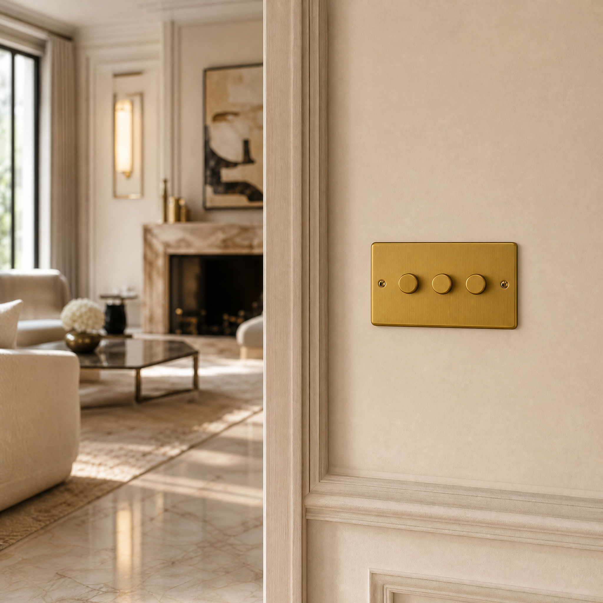 A sophisticated Victorian-style dimmer switch installed in a cozy residential living space.