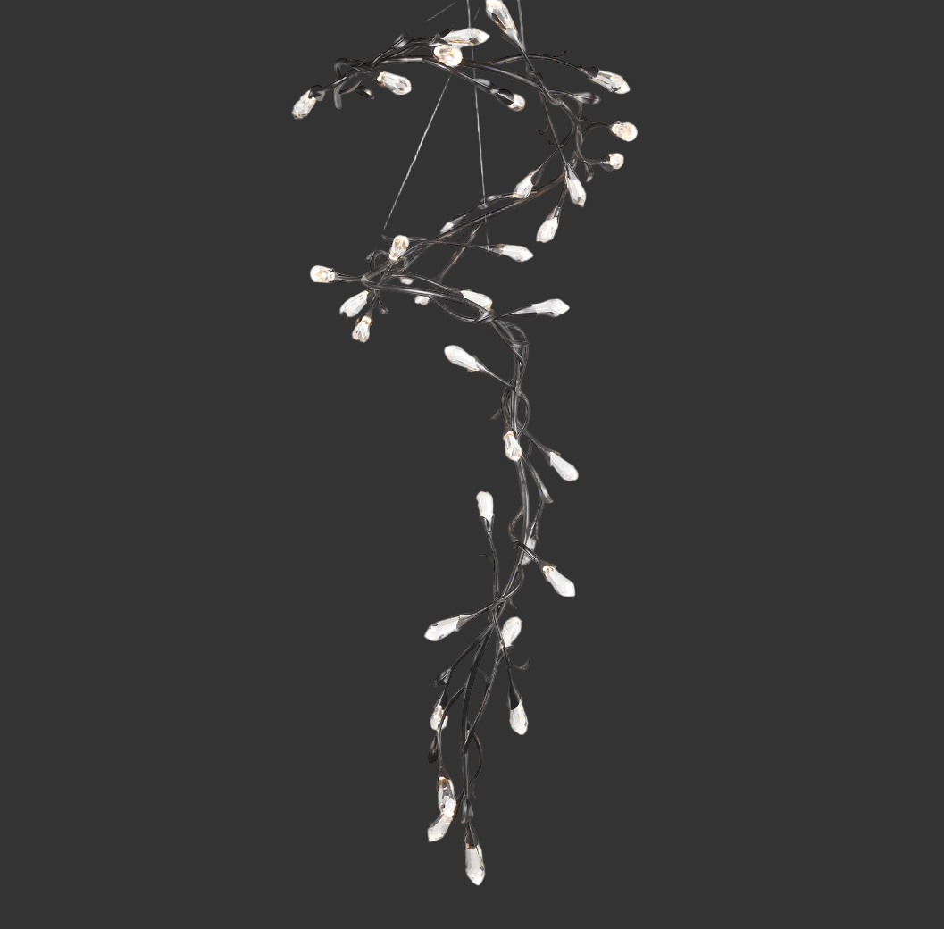 Luxury twisted branch chandelier with diamond-cut crystal drops by VORELLI®, ideal for stairwells and high ceilings in designer interiors.