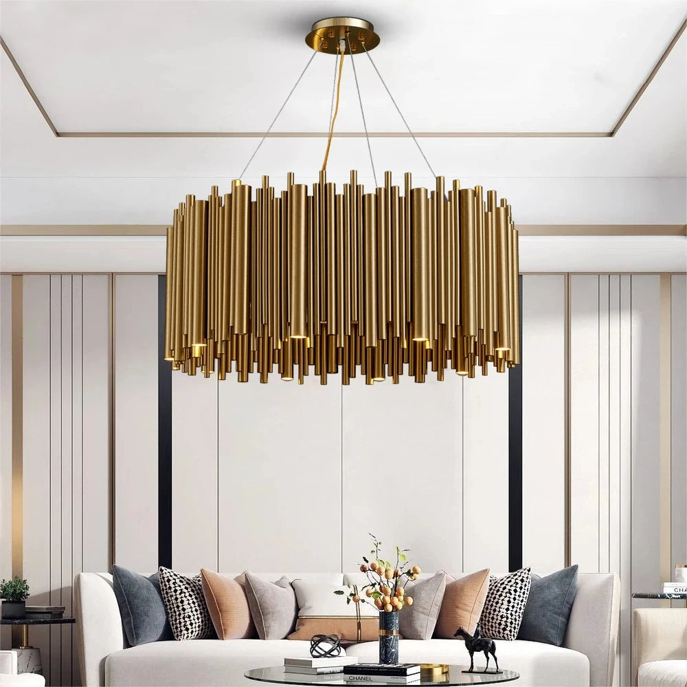 Detailed view of elongated cylindrical tubes on luxury chandelier creating layered lighting effect