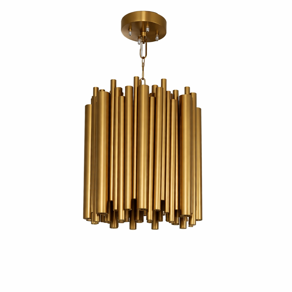 Vorelli Vitacura pendant light glowing warmly in a minimalist interior setting highlighting metallic texture.