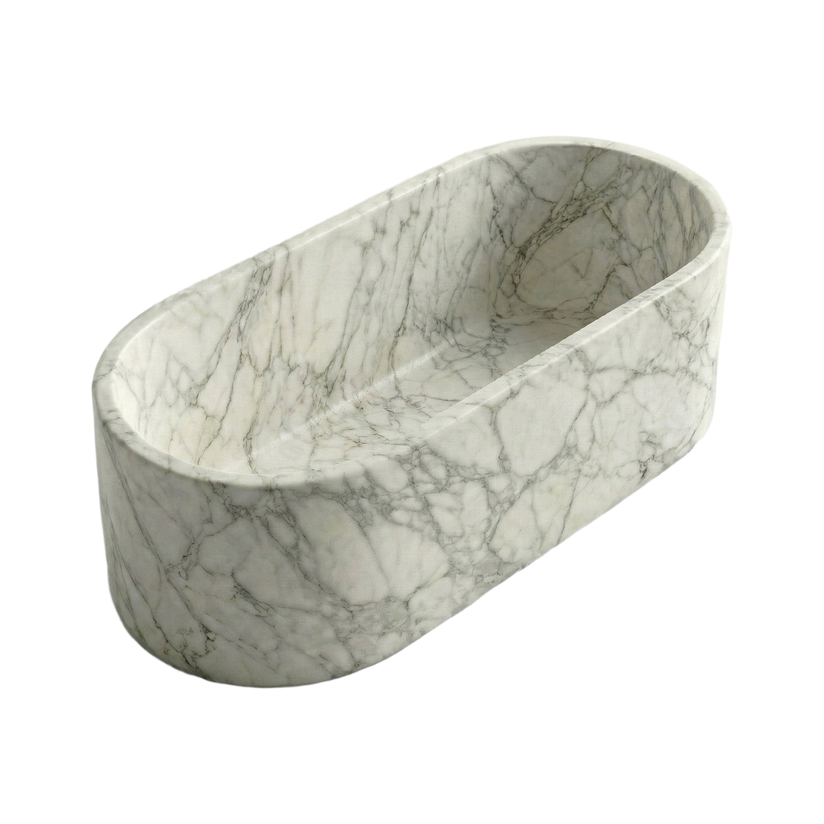 VORELLI® Arabescato Marble Freestanding Bathtub - Elliptical on a pure white background.