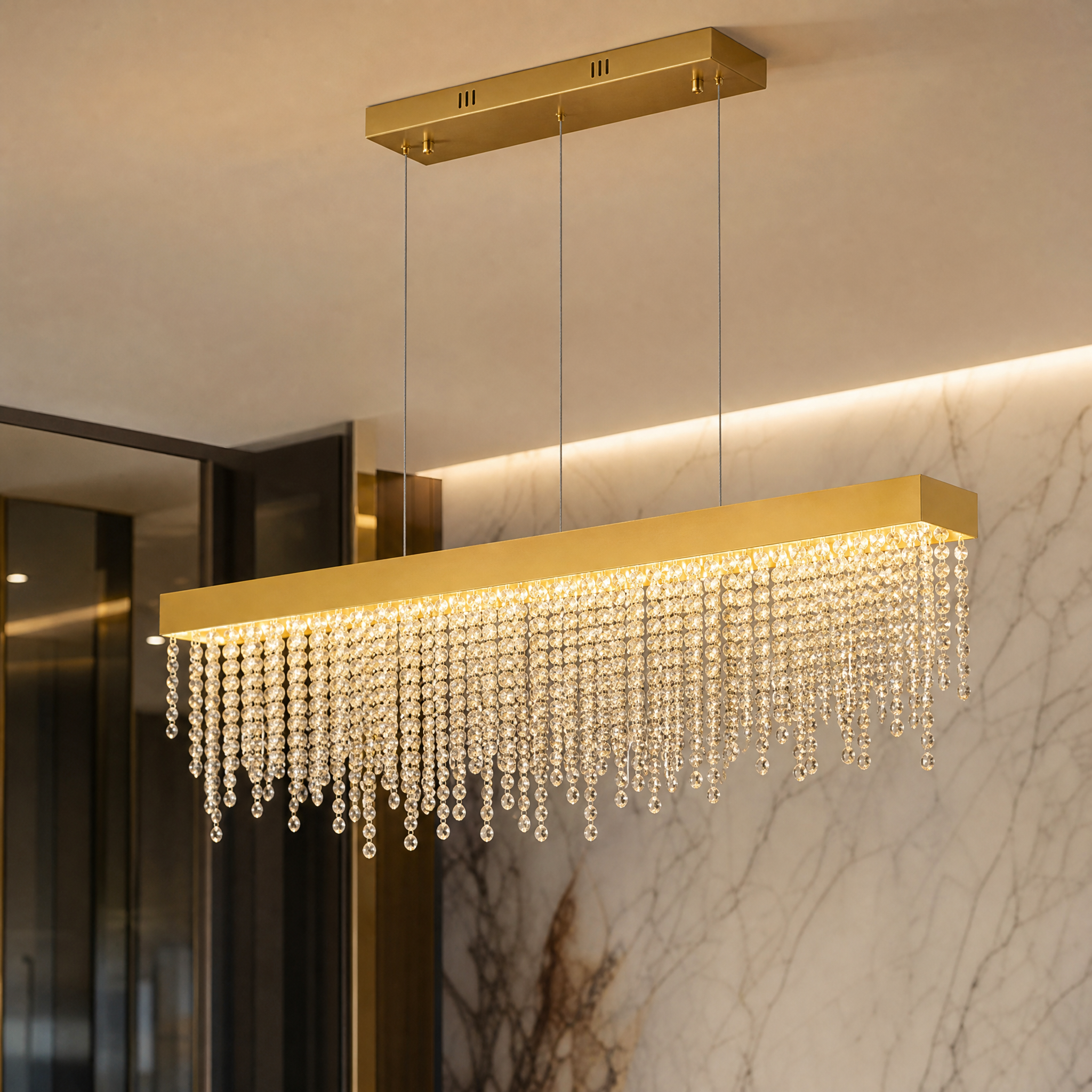 A macro close-up view highlighting the premium stainless steel frame and flawless crystal chains of the Westminster Chandelier.