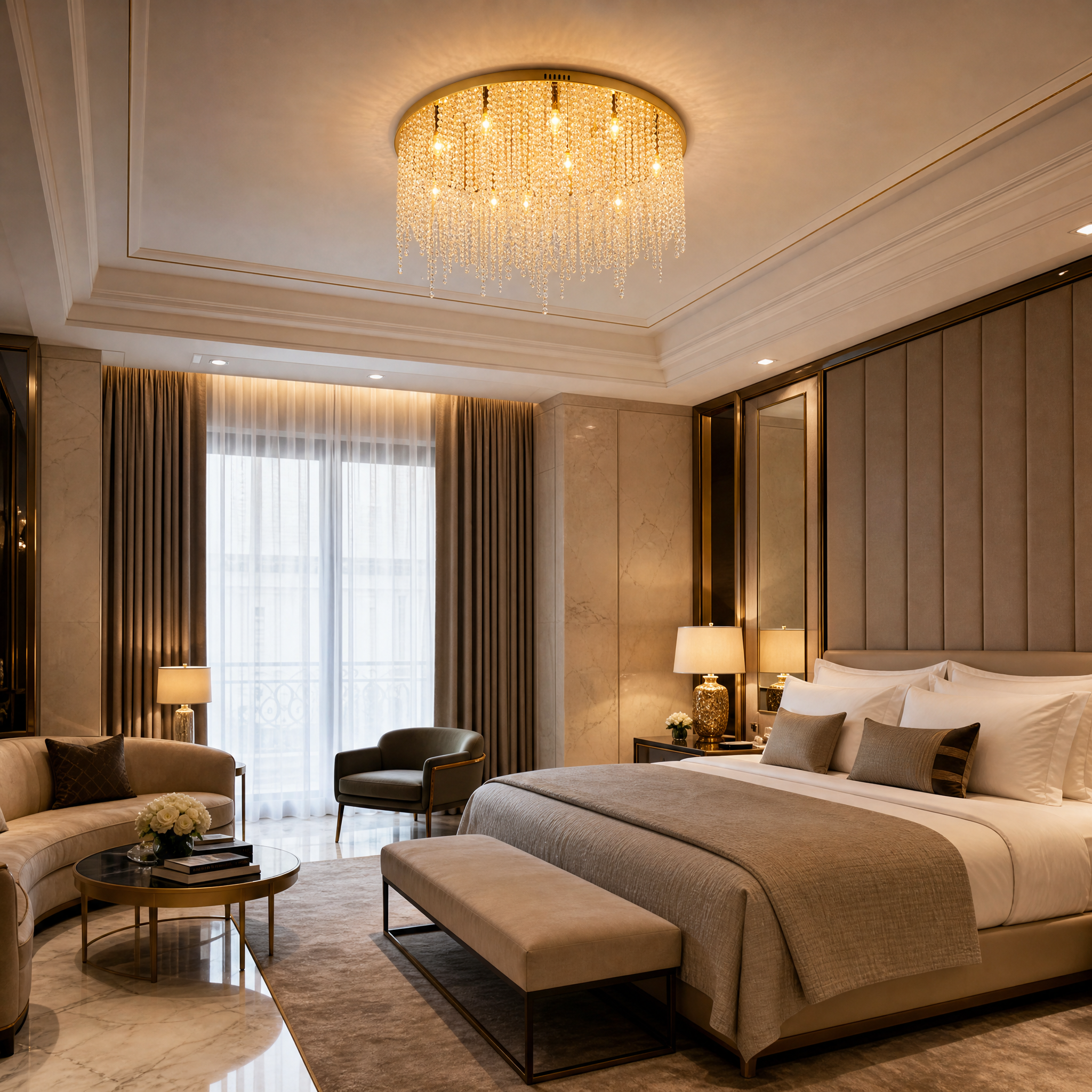 Grand hospitality setting featuring the Westminster Circular Ceiling Light illuminating an upscale hotel lobby and reception lounge area.