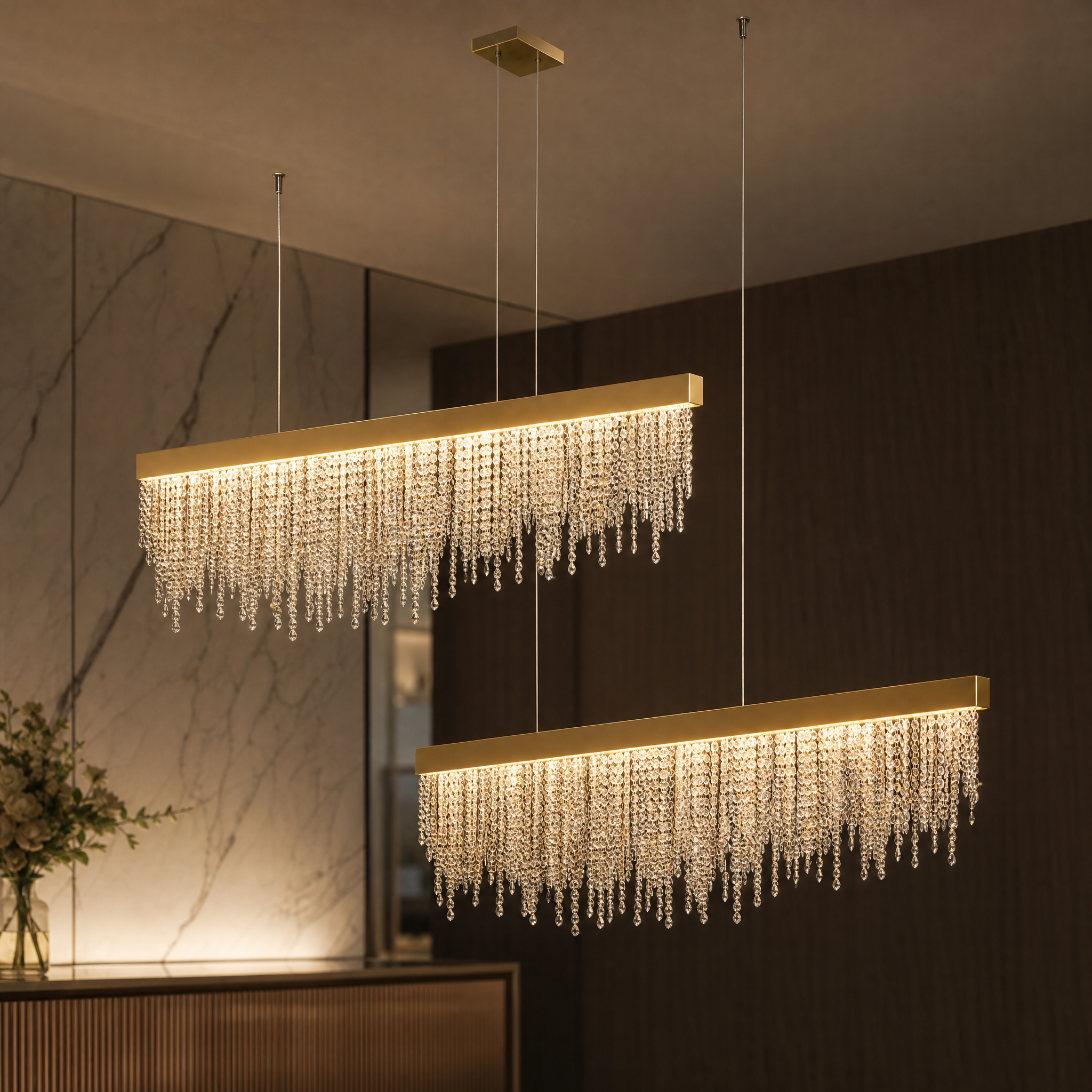 Close-up of the VORELLI Westminster Rectangular Chandelier II showcasing handcrafted crystal diamond details, stainless steel frame and integrated dimmable LED strip lighting