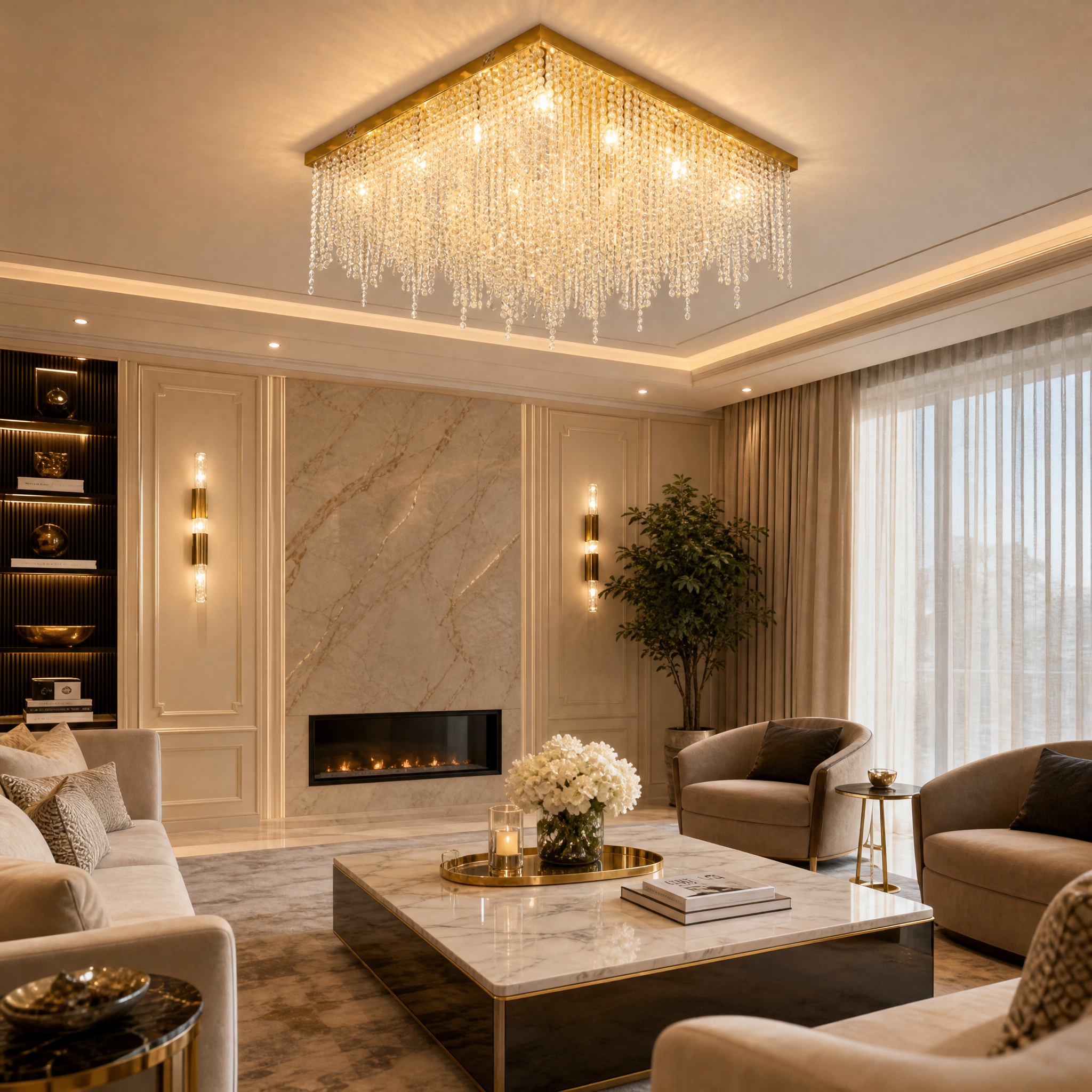 VORELLI Westminster Square Ceiling Light installed in an elegant upscale residential living room, casting a warm ambiance through its cascading crystal chain.