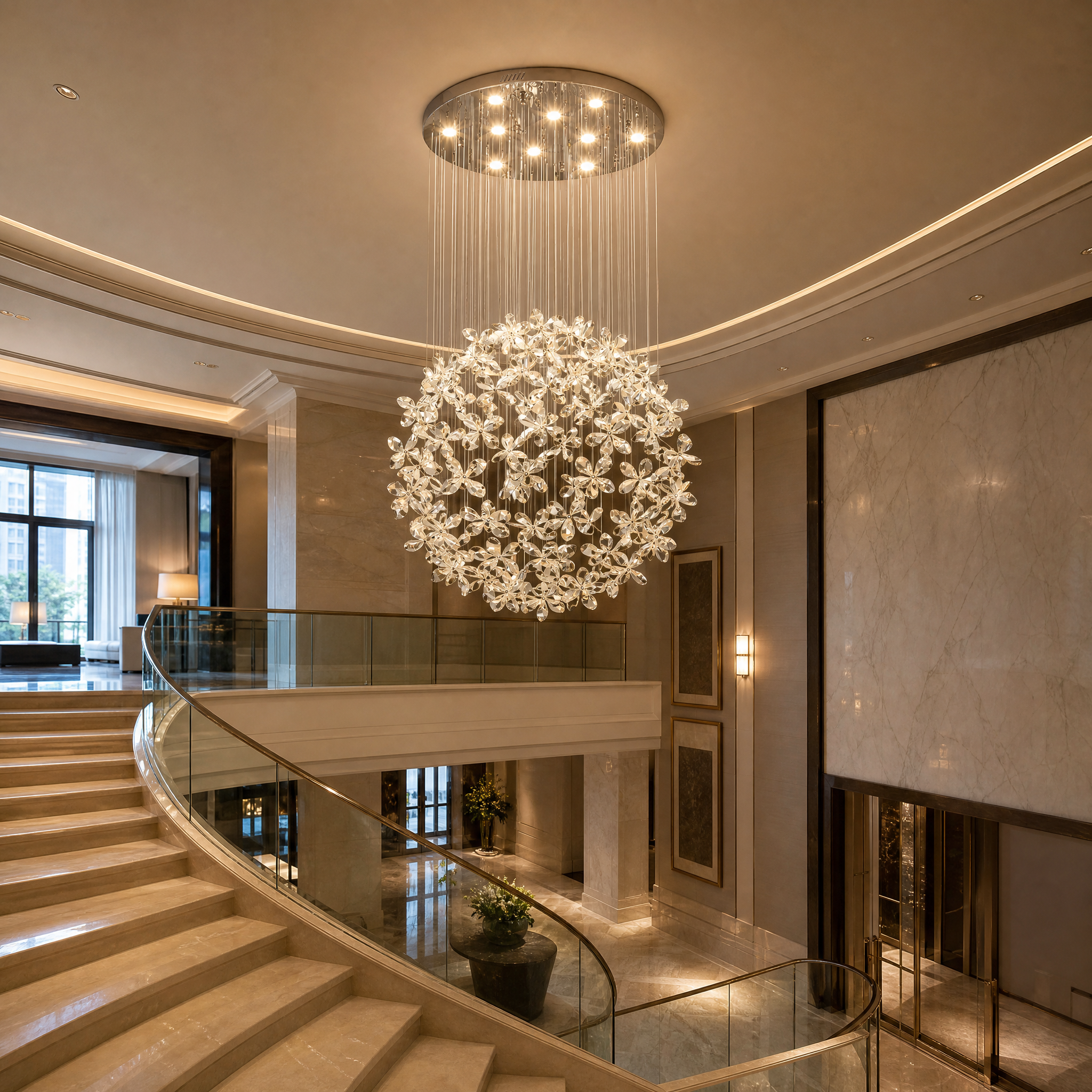 A grand hospitality setting showing the VORELLI Whirlow crystal chandelier hanging as a floating sphere-like statement piece in a luxury hotel lobby.
