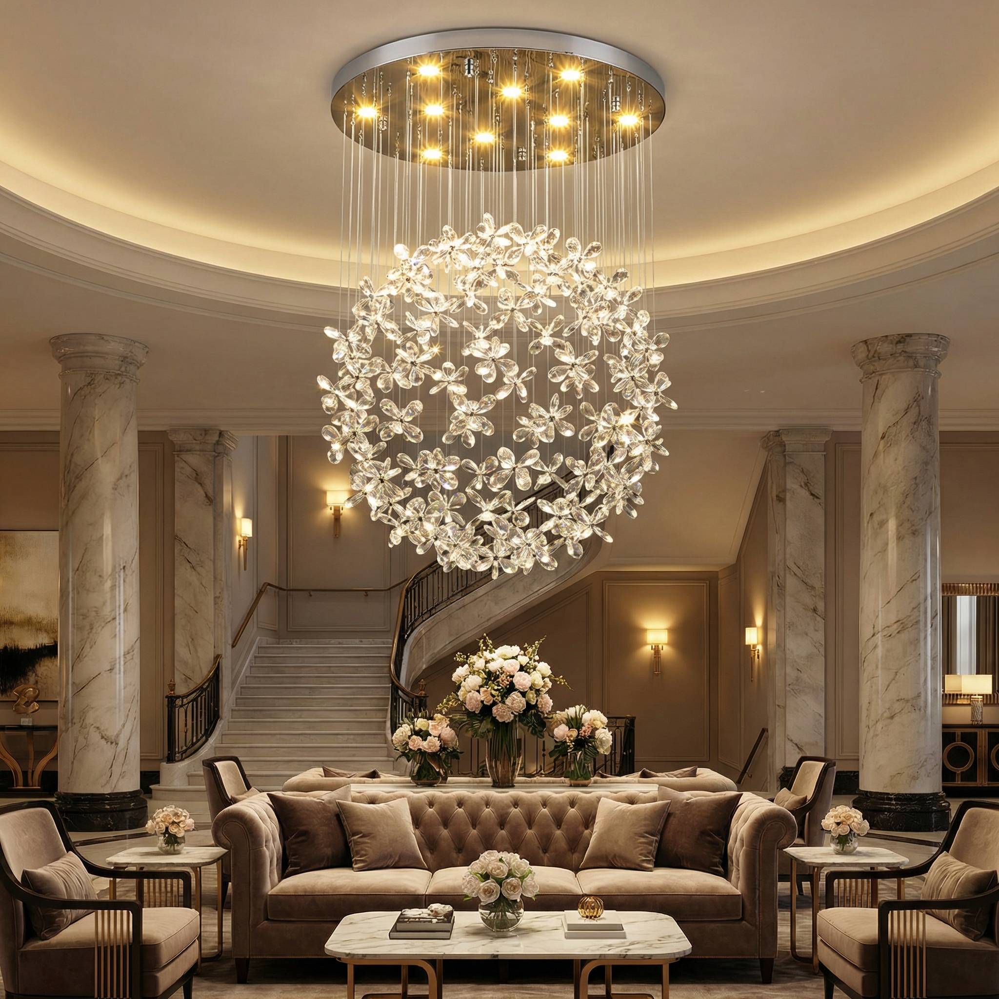 Luxury crystal sphere staircase chandelier illuminating a grand hotel lobby interior