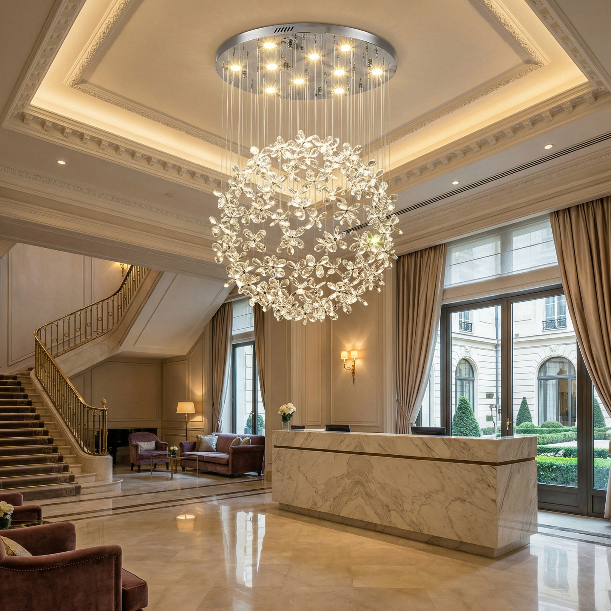 Modern diamond cut crystal ball chandelier suspended above an elegant curved staircase