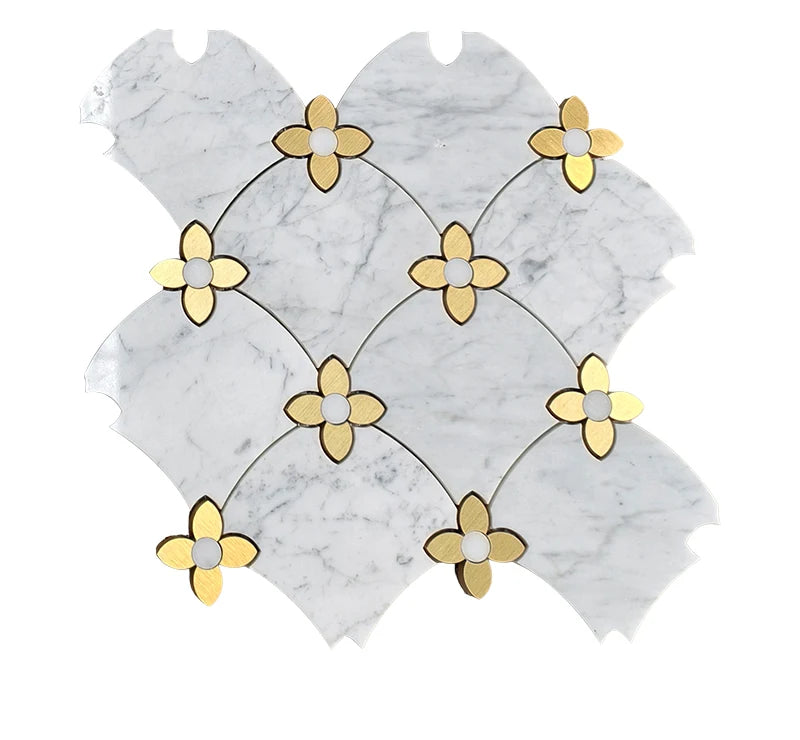 White Calacatta Stainless Steel Floral Waterjet Marble Mosaic luxury white waterjet marble mosaic for premium UK interiors