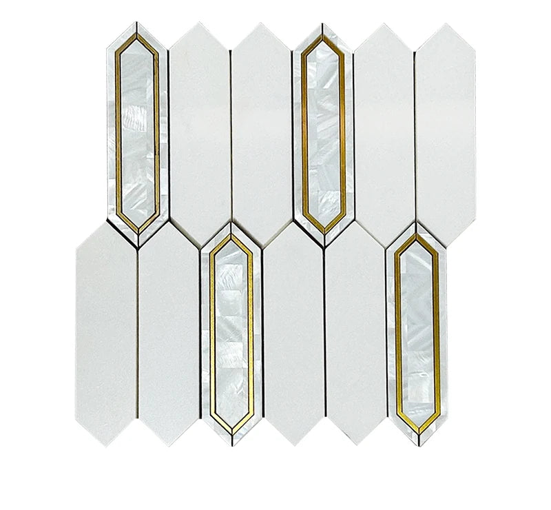 White Copper Waterjet Marble Mosaic Signature luxury white, gold waterjet marble mosaic for premium UK interiors