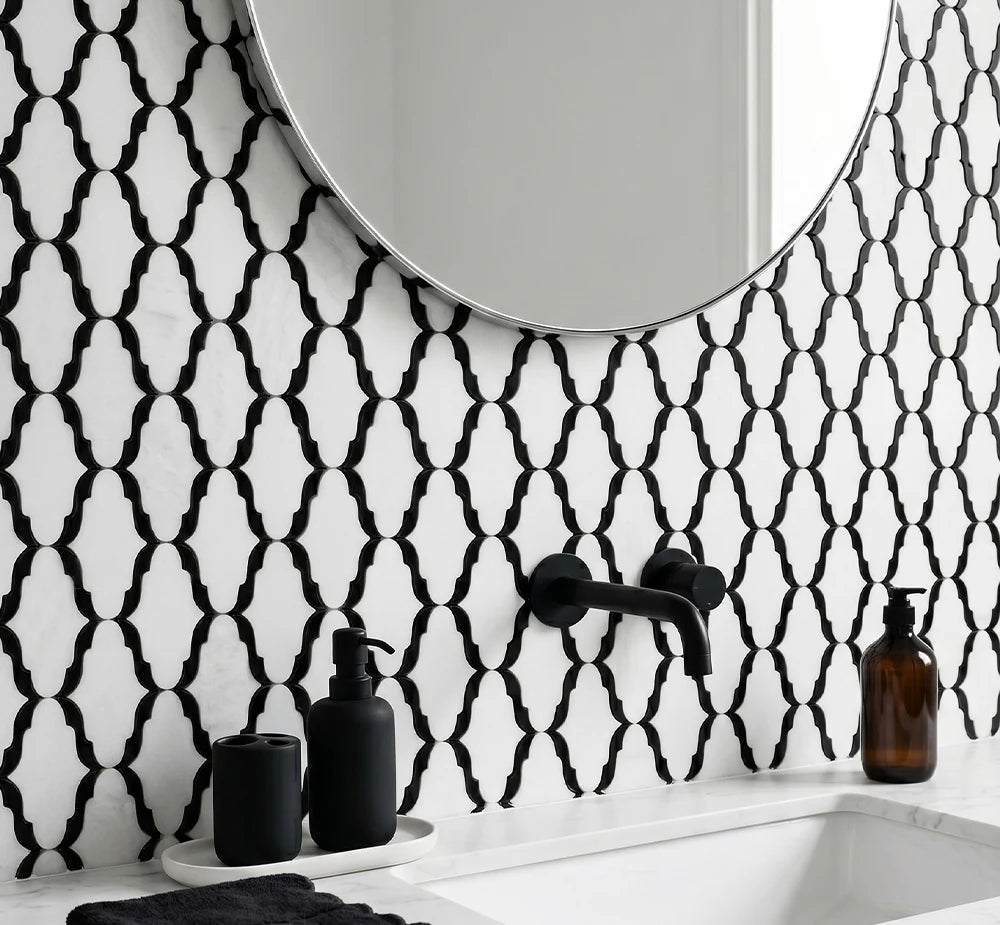 White Jade Black Jade Waterjet Marble Mosaic luxury black, white waterjet marble mosaic for premium UK interiors