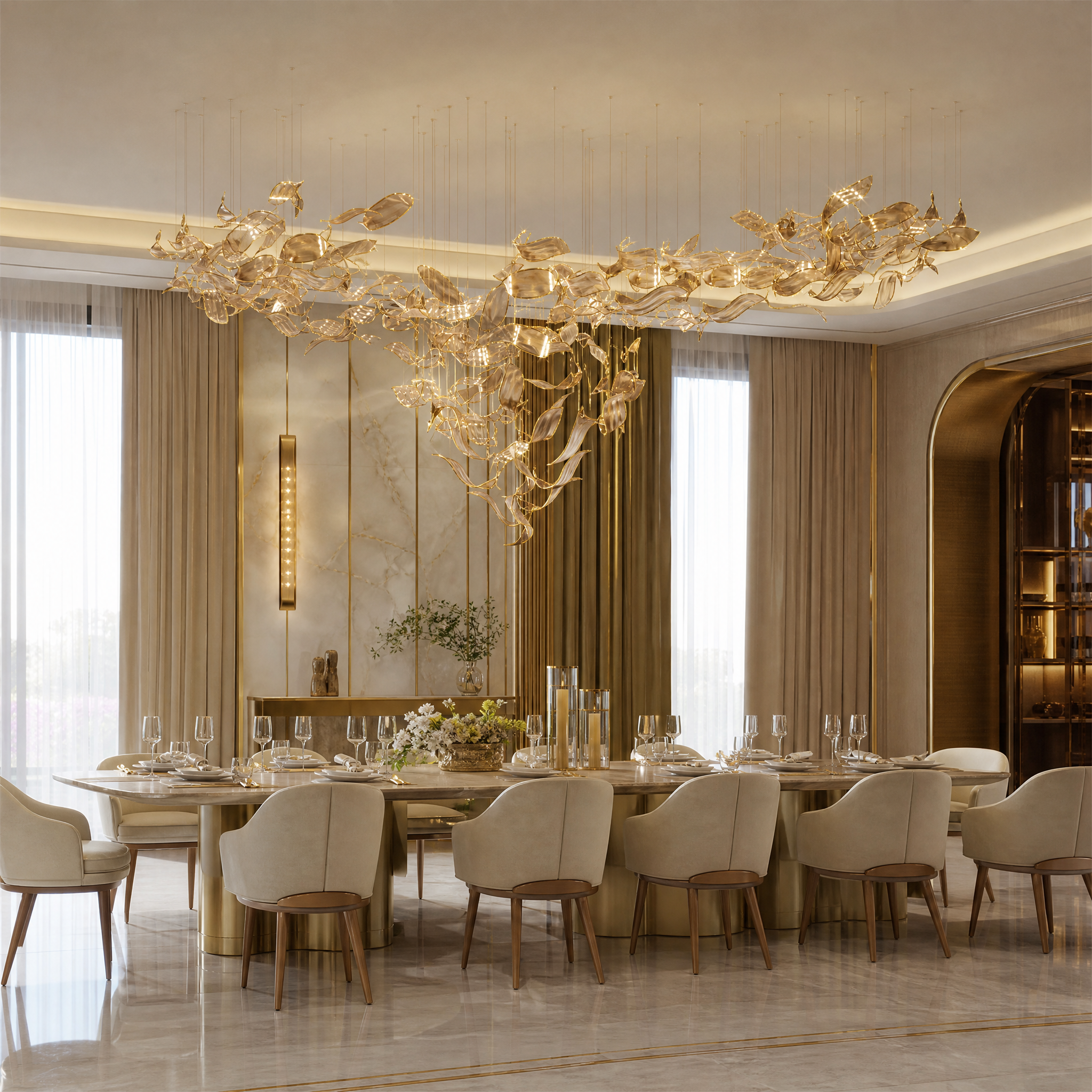 Modern residential living room featuring the luxury VORELLI Willow Drift glass leaf chandelier installation.