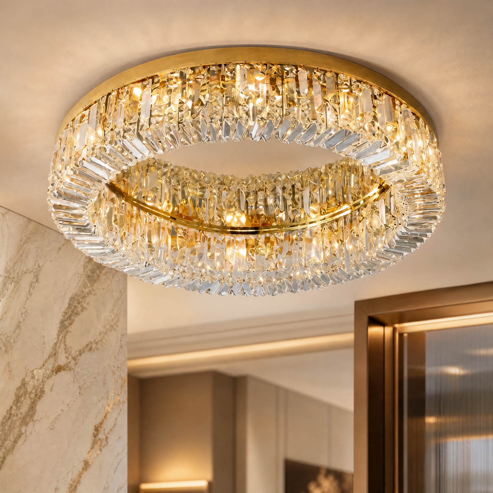 A detailed macro shot highlighting the polished design and dazzling crystal bars of the VORELLI Windsor premium ceiling light.