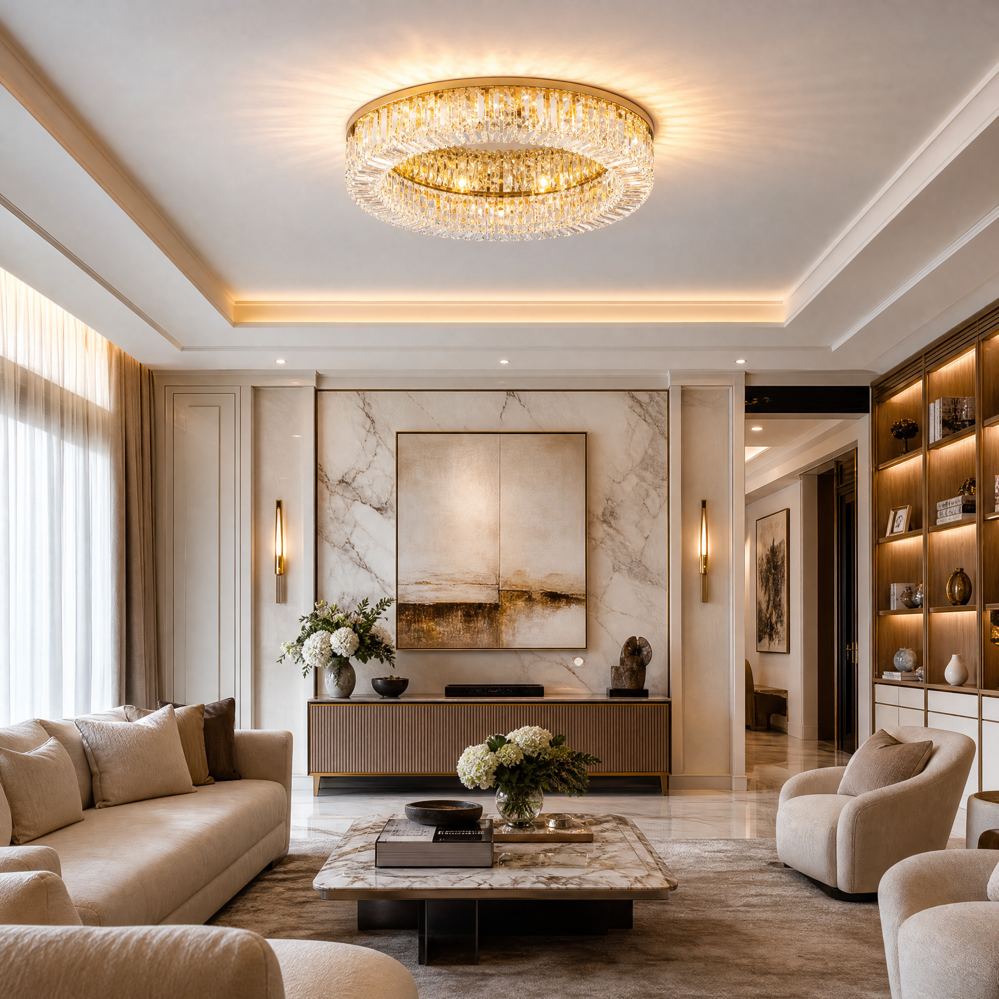 The VORELLI Windsor luxury crystal ceiling light illuminating a sophisticated residential living room with a warm, upscale ambiance.