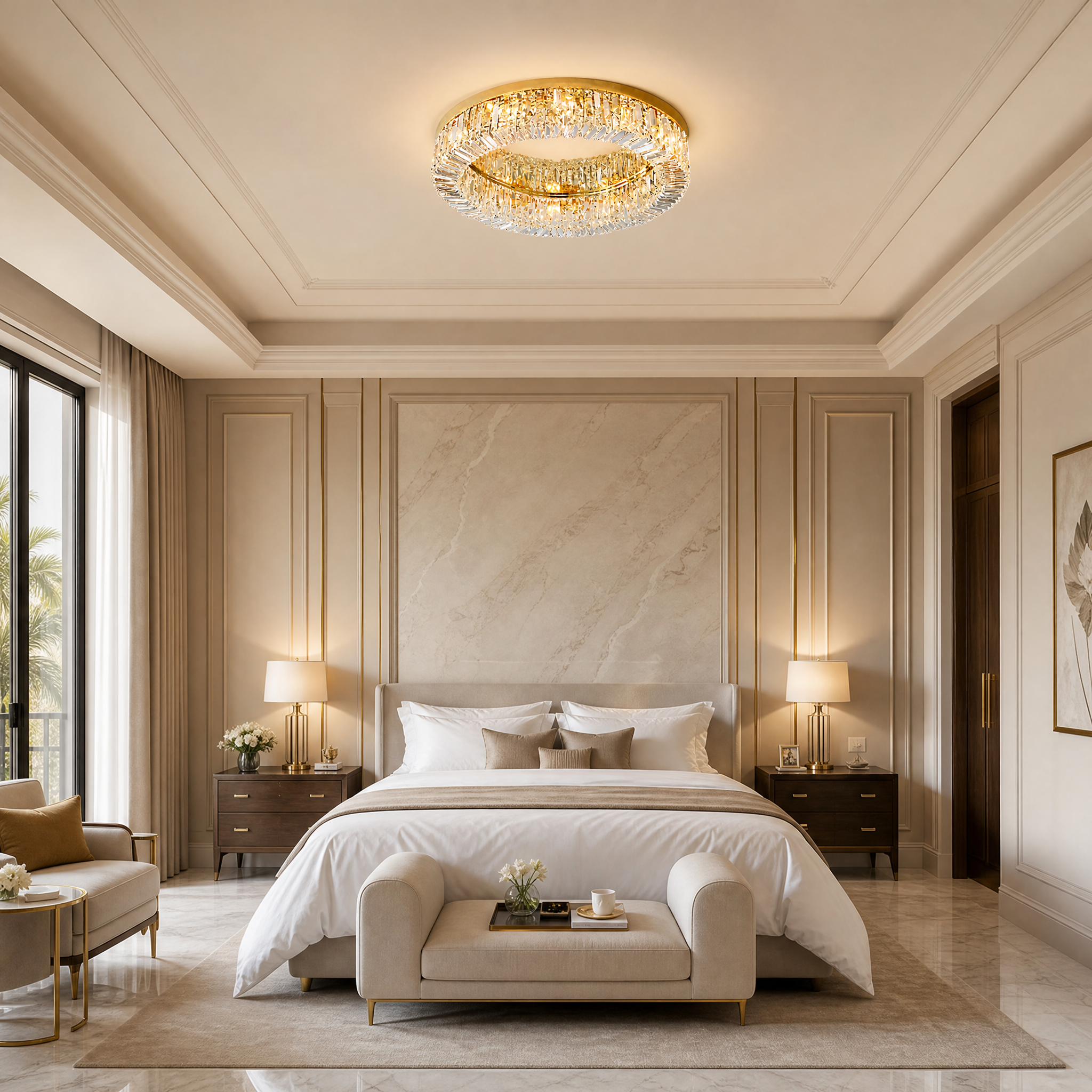 VORELLI Windsor crystal ceiling light fixture adding a touch of timeless elegance and dazzling light to a high-end hotel lobby or hospitality space.