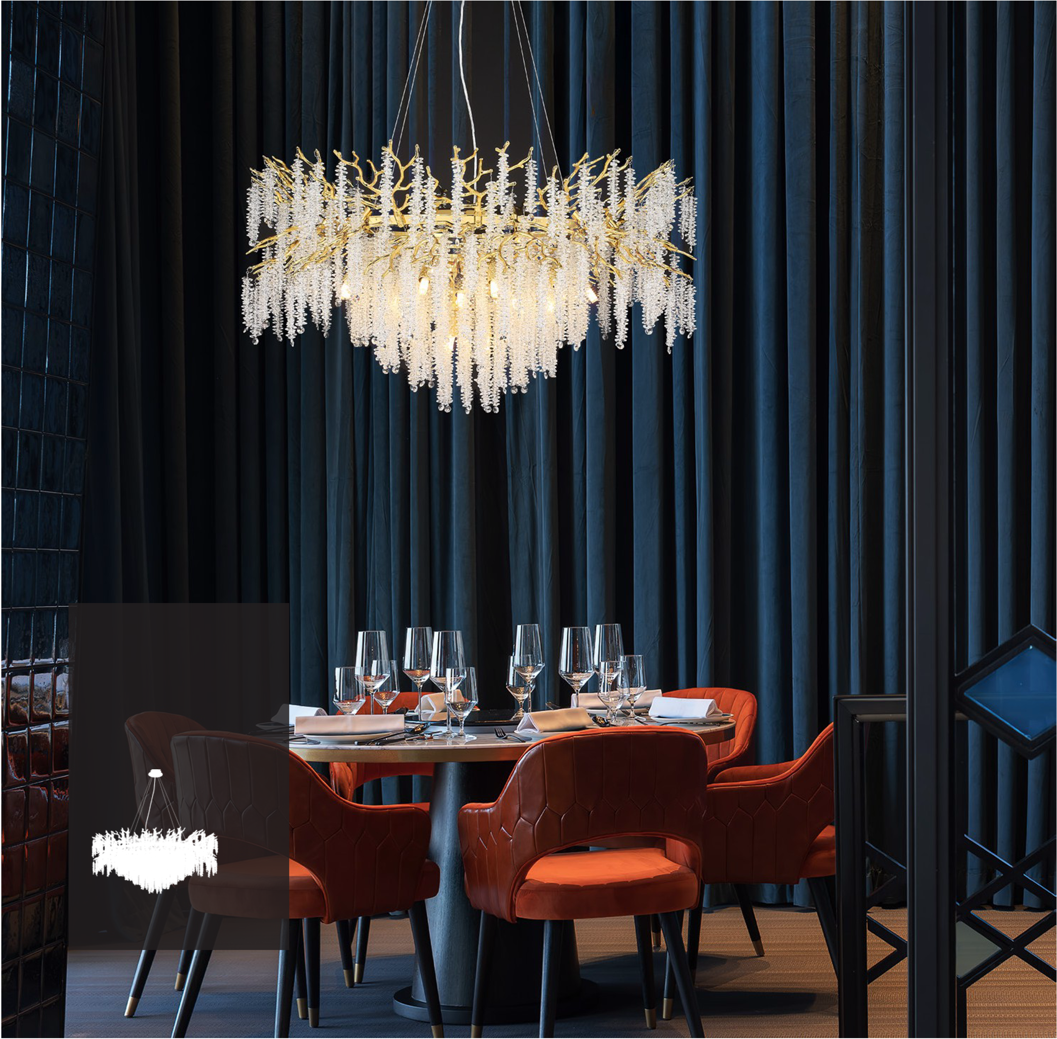 Luxury Wisteria circular chandelier suspended above an elegant dining table