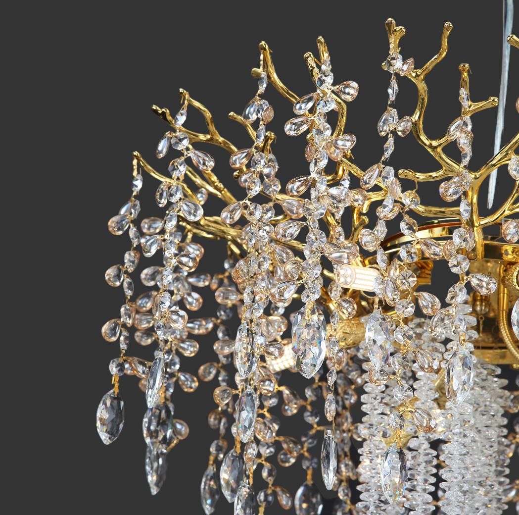 Close-up of crystal branches and cascading strands on Wisteria Circular Chandelier III