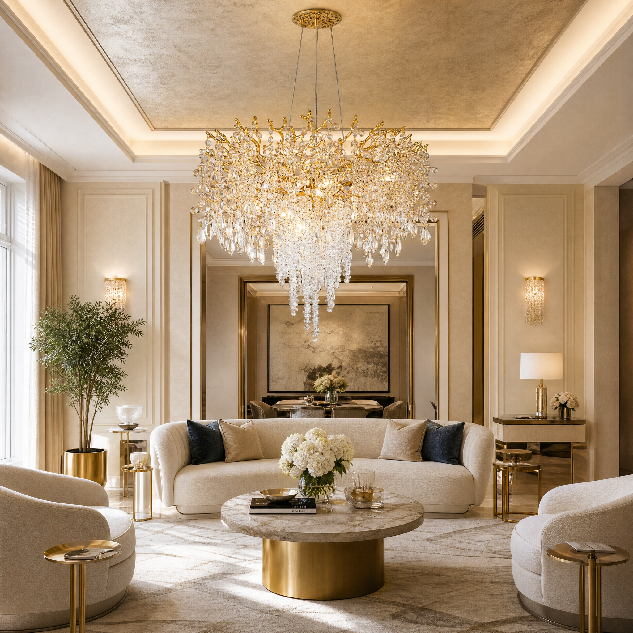 The VORELLI Wisteria Circular Chandelier III illuminating a high-end residential living room, casting a soft elegant glow over luxury furnishings.
