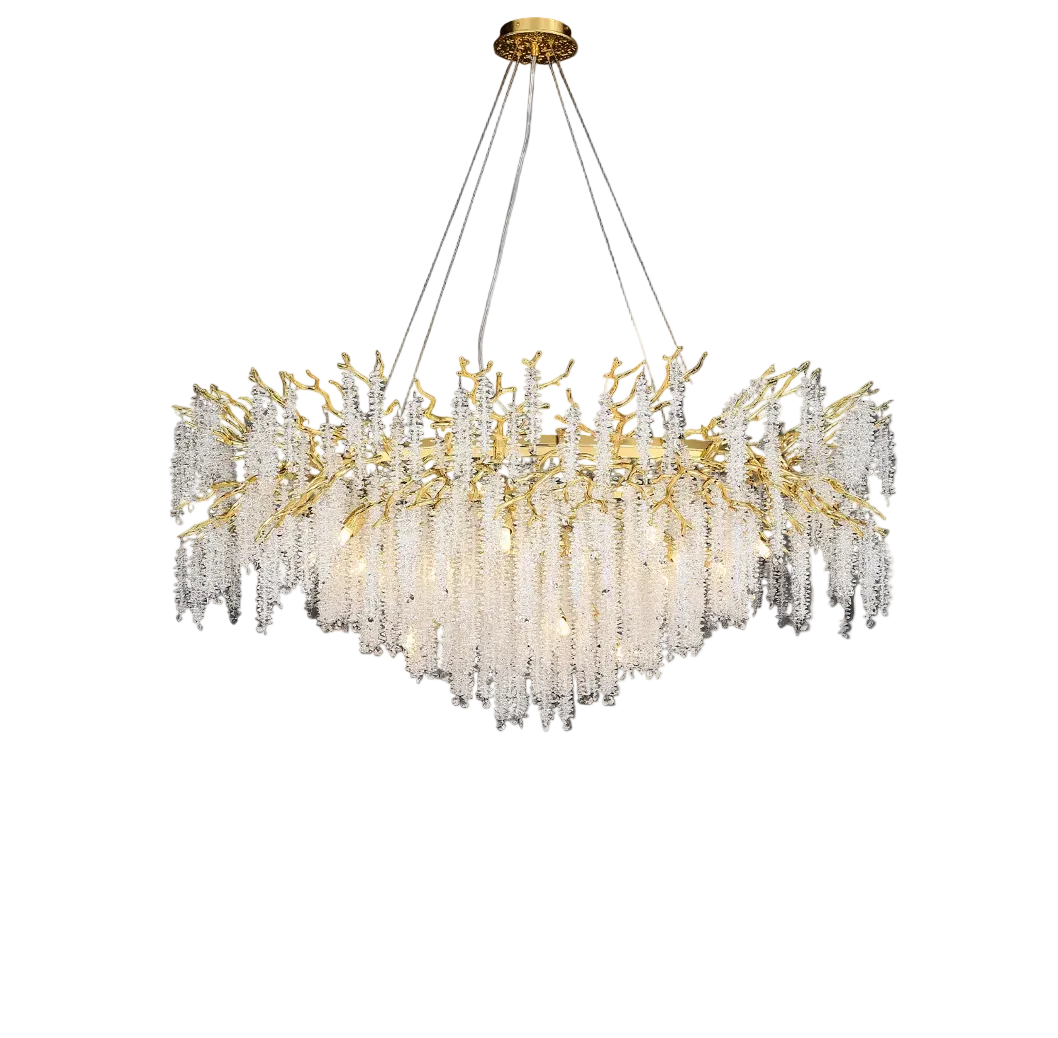 Wisteria circular chandelier with cascading crystal strands and sculptural gold branch frame
