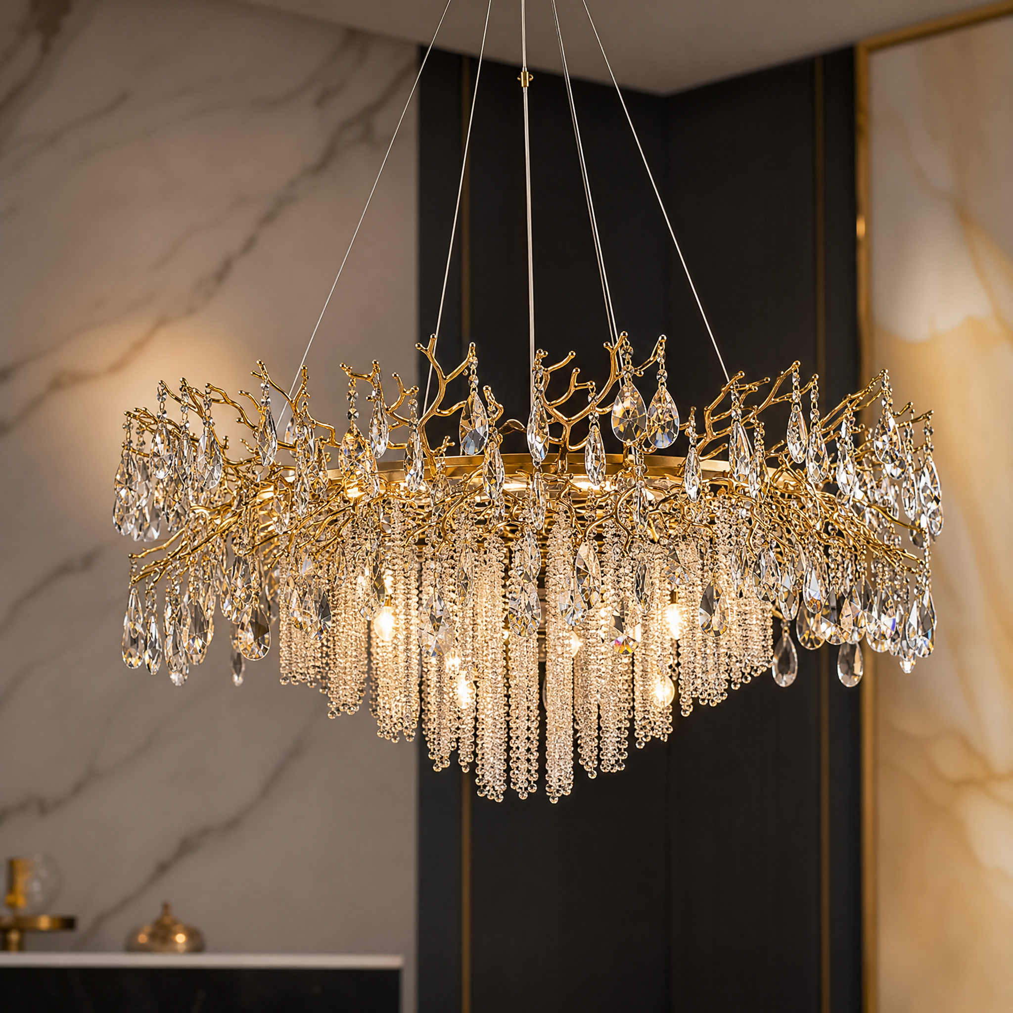 Macro view of the cascading crystal droplets and sculpted branch detailing on the Wisteria Dewdrop Chandelier by VORELLI.