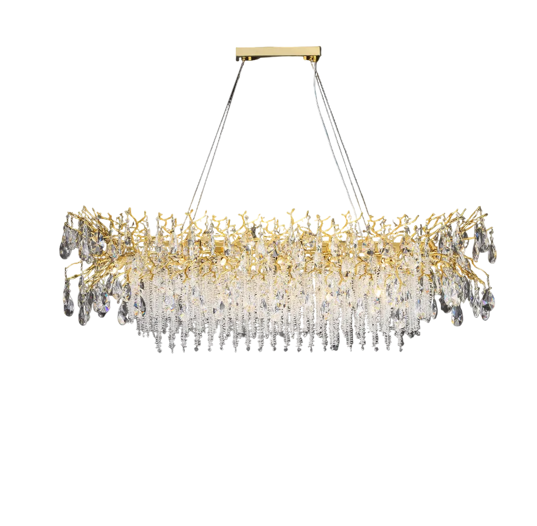 VORELLI Wisteria Dewdrop rectangular chandelier exhibiting sculptural branches and cascading crystal elements that enhance the room's high-end mood.