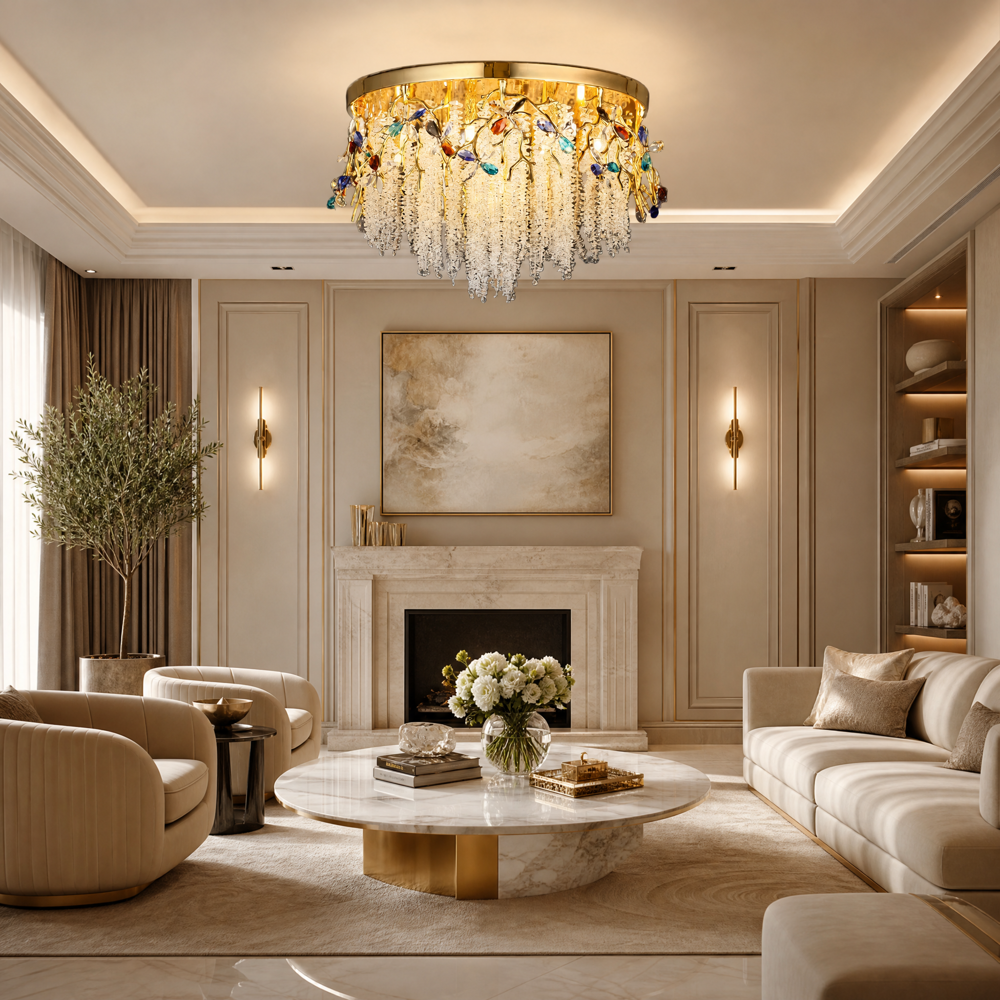 Luxury residential dining room featuring the cascading crystal VORELLI Wisteria ceiling light for a calm, refined ambiance.