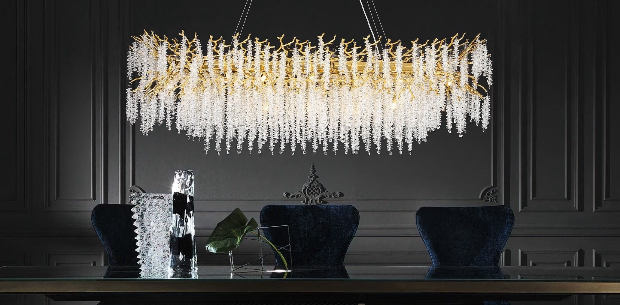 Wisteria Rectangular Chandelier II over luxury dining table interior