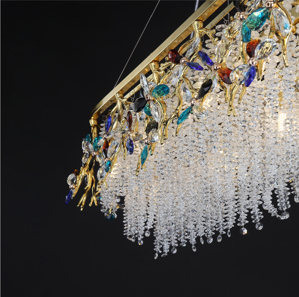 Angled view of VORELLI® Wisteria Rectangular Chandelier III showing layered crystal strands