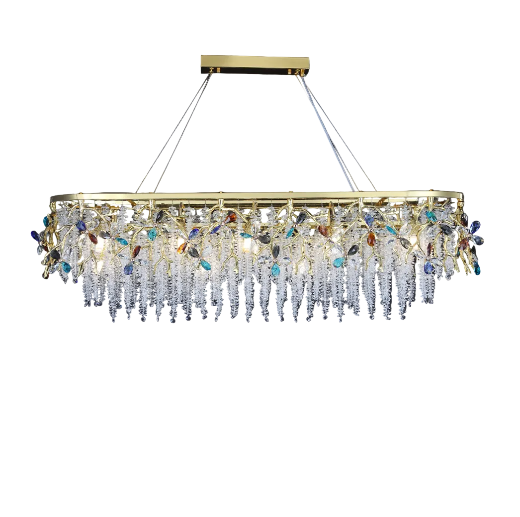 VORELLI Wisteria Rectangular Chandelier III showcasing the intricate interplay of sculptural branch detailing and cascading crystal strands for a soft visual effect.