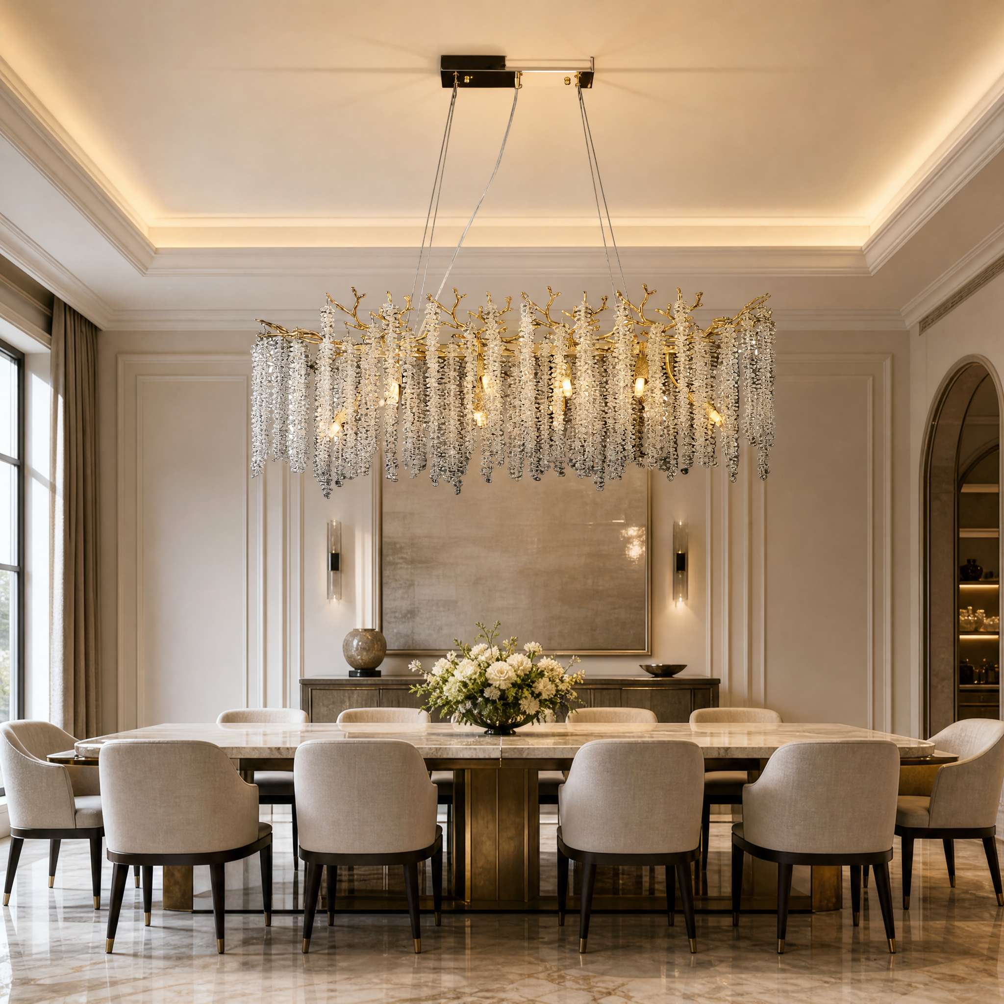 Vorelli Wisteria Rectangular Chandelier installed above a luxury dining table in a contemporary residential interior.