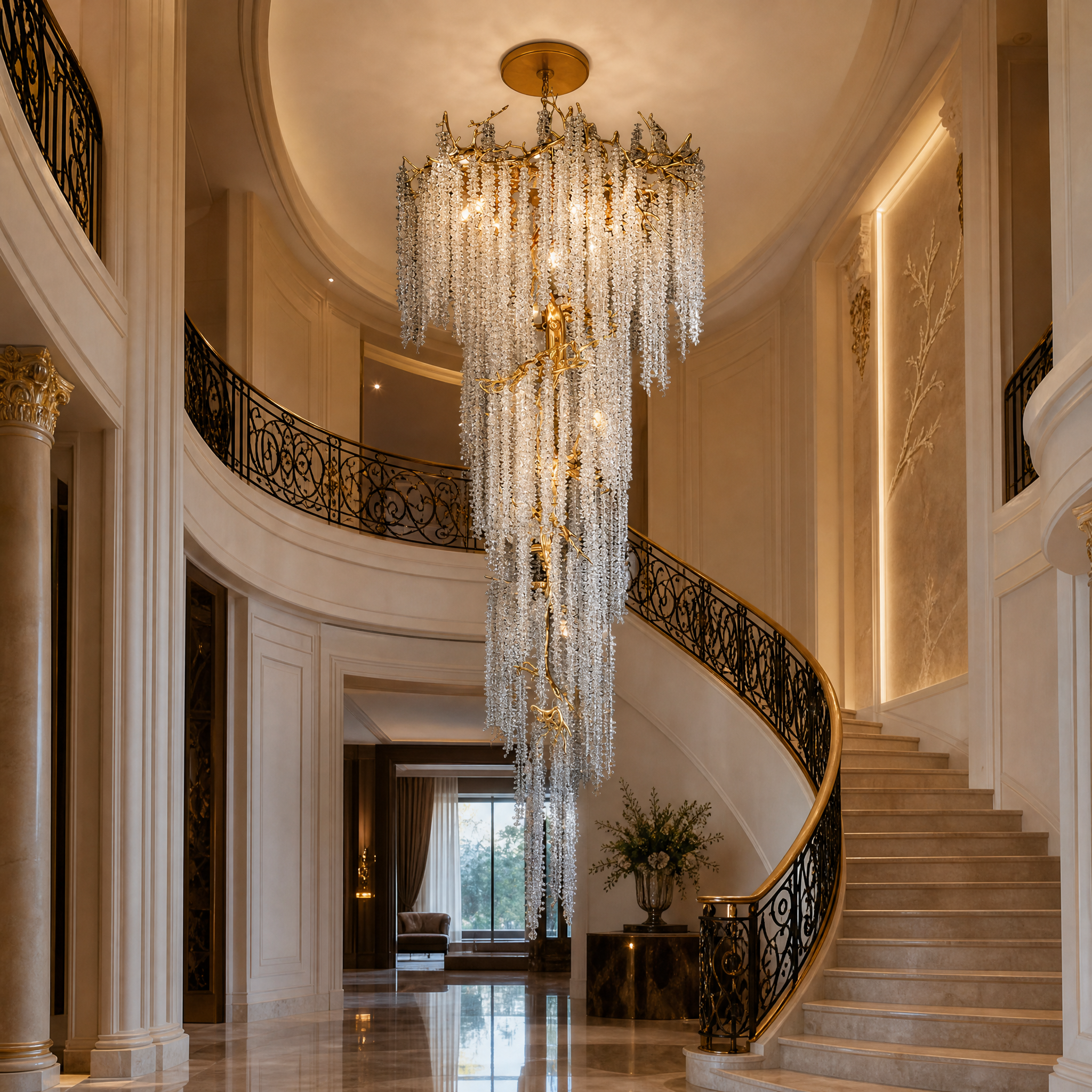 Vorelli Wisteria Spiral Staircase Chandelier installed in a luxury residential double-height entryway, creating a dramatic vertical focal point.