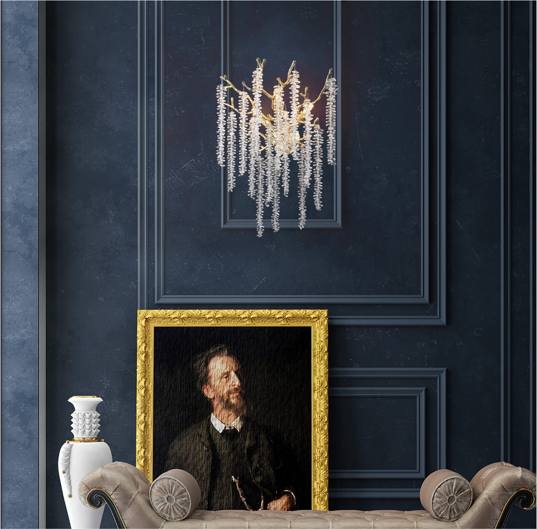 Close-up of cascading crystal strands on the VORELLI® Wisteria wall light