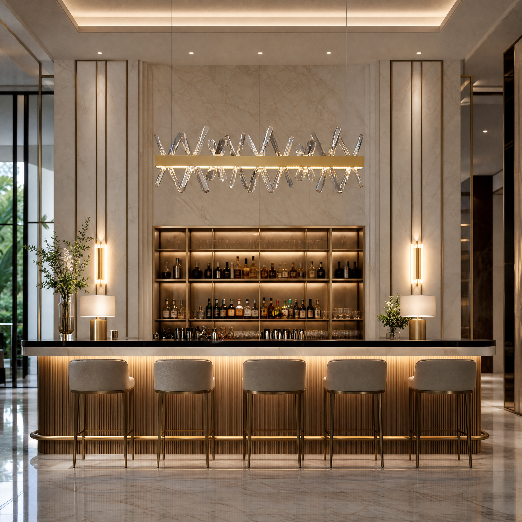Modern VORELLI Yakutia rectangular crystal chandelier illuminating a sophisticated hospitality lounge or hotel lobby.