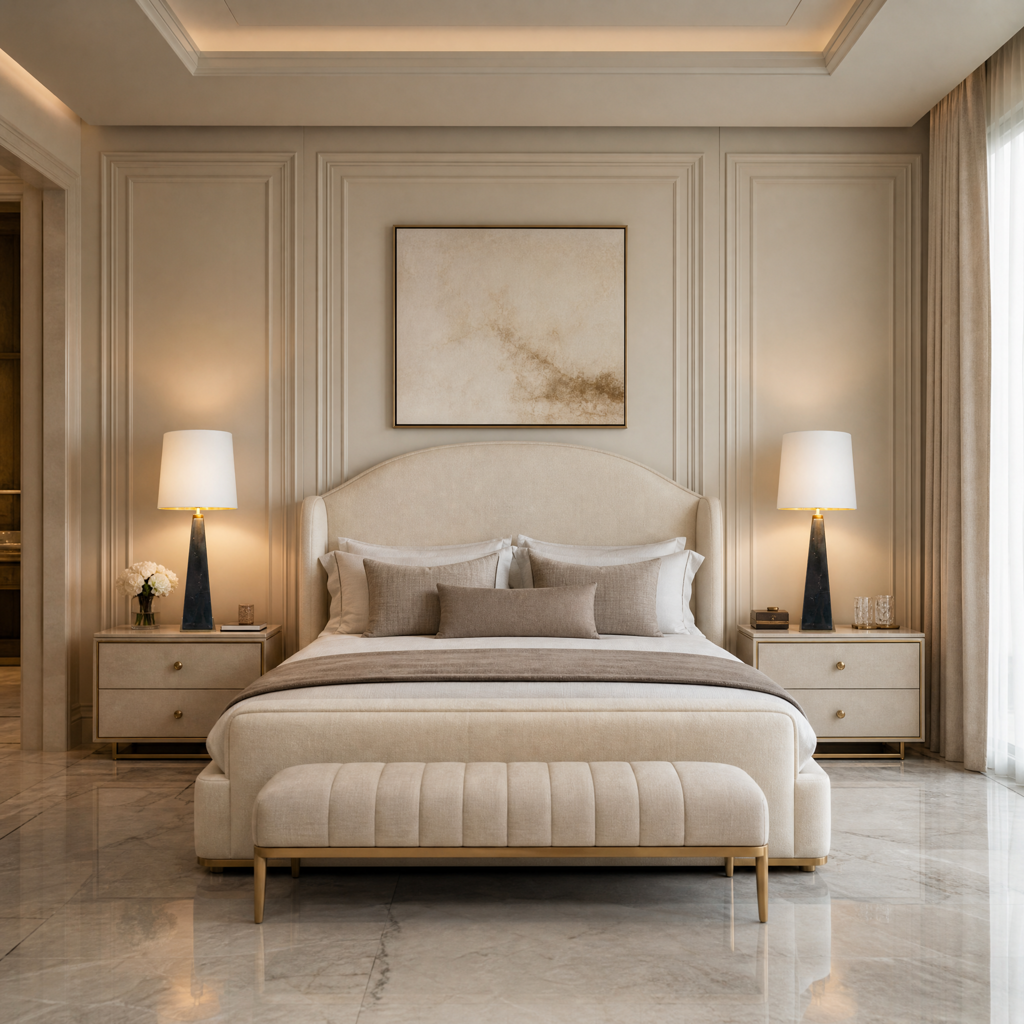 The VORELLI Zafira table lamp with a black marble base and brass detailing creates a warm ambient glow on a contemporary bedroom bedside table.