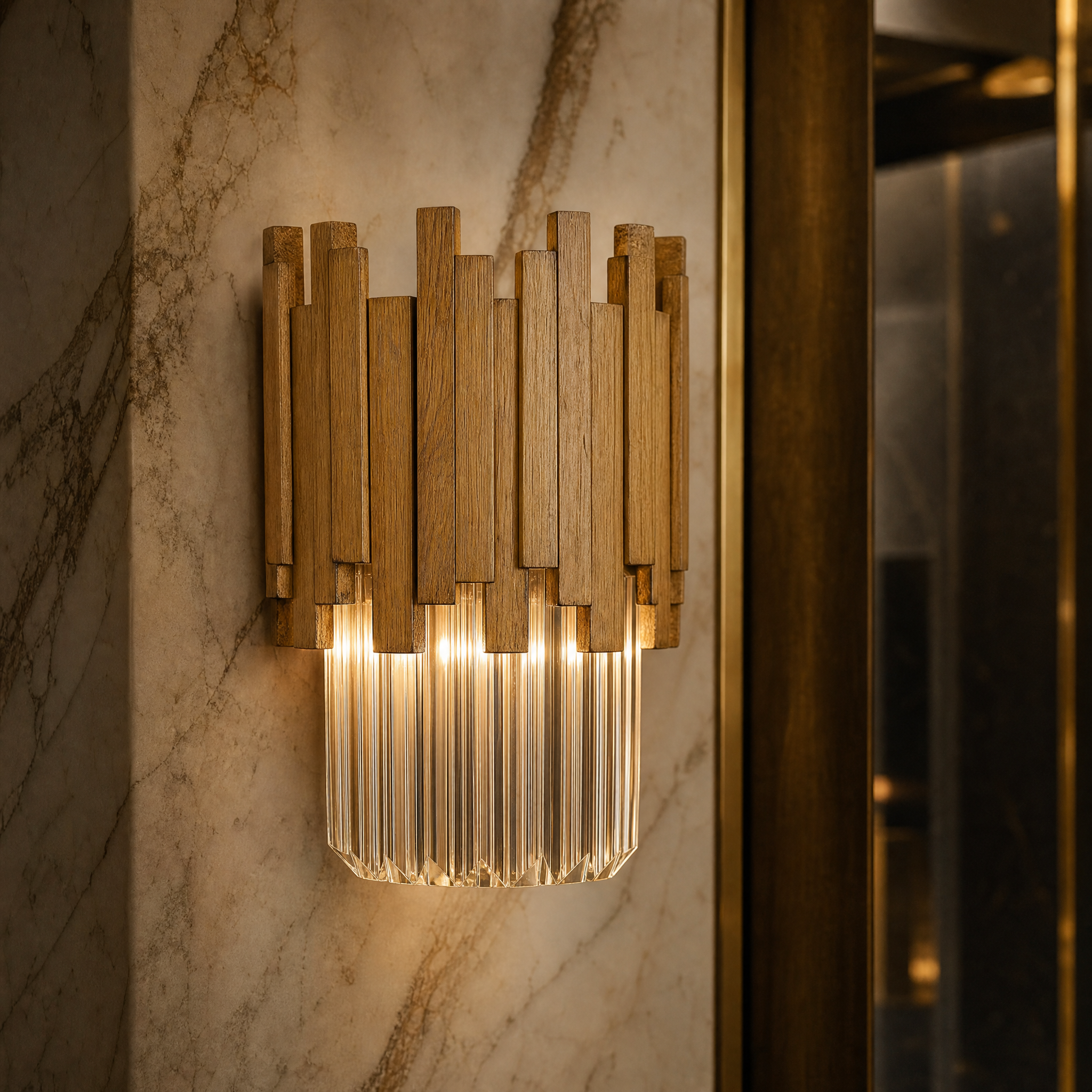 Macro closeup of the VORELLI Zanero wall lamp highlighting the contrast between the polished vertical metal bars and the precision-cut, cascading faceted crystal prisms.