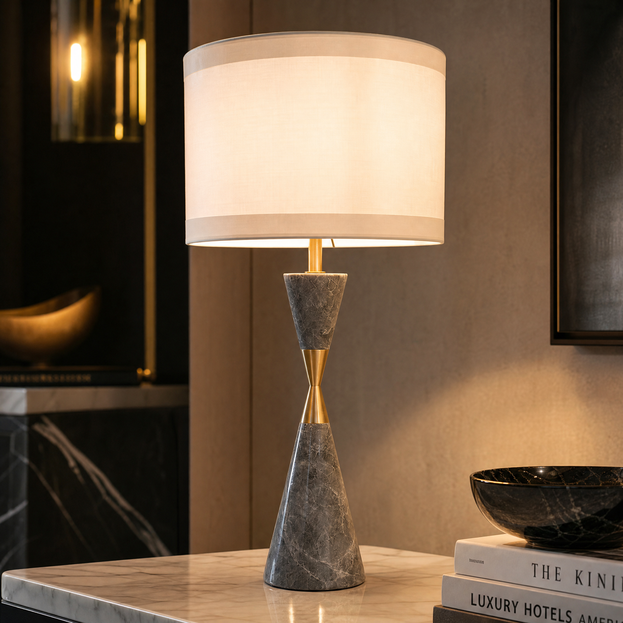Macro closeup showing the natural stone texture of the sculpted grey marble base and refined antique brass detailing on the Zavaro table lamp.