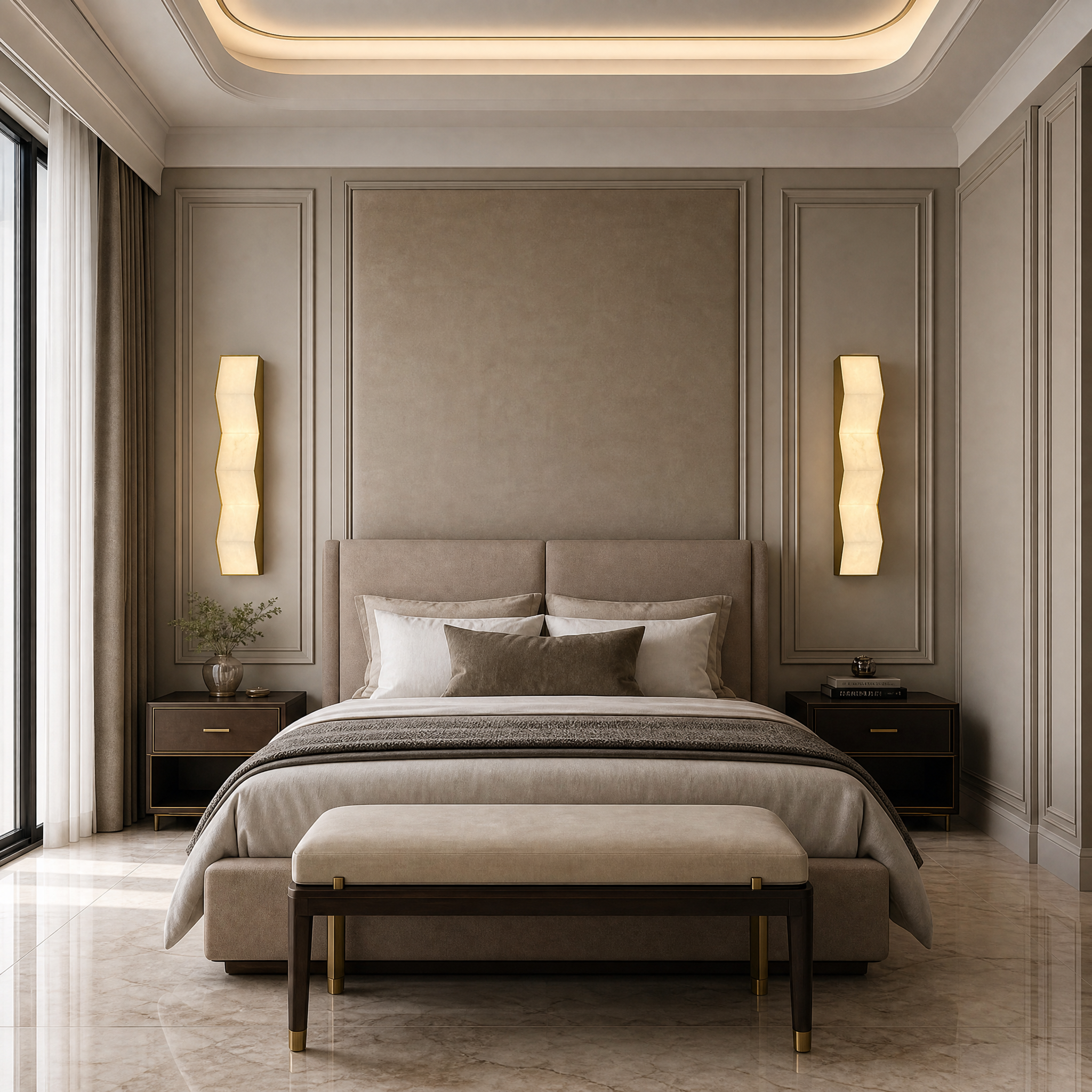 The Zigari architectural marble wall light illuminates a luxury contemporary residential living room with a warm, ambient glow.
