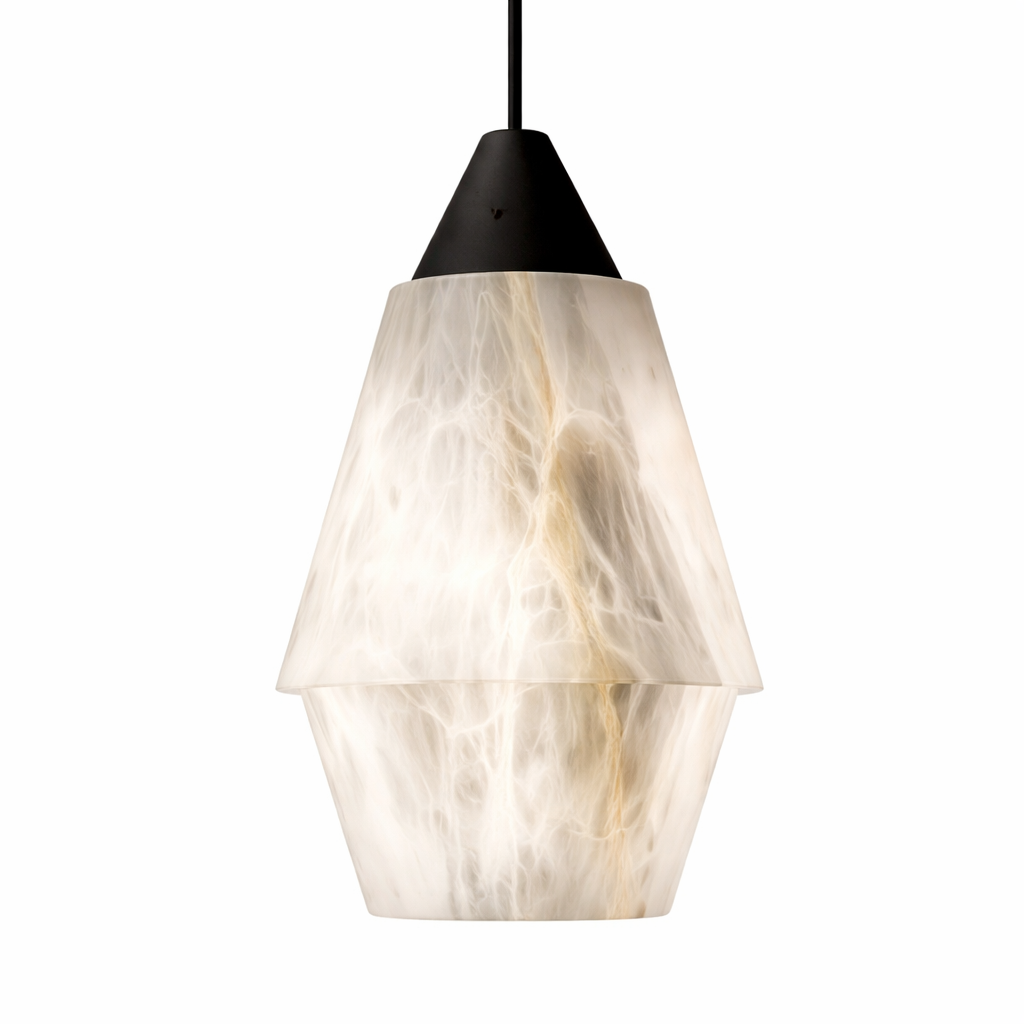 Warm ambient glow of the VORELLI Kalia marble pendant light casting soft shadows in a modern interior