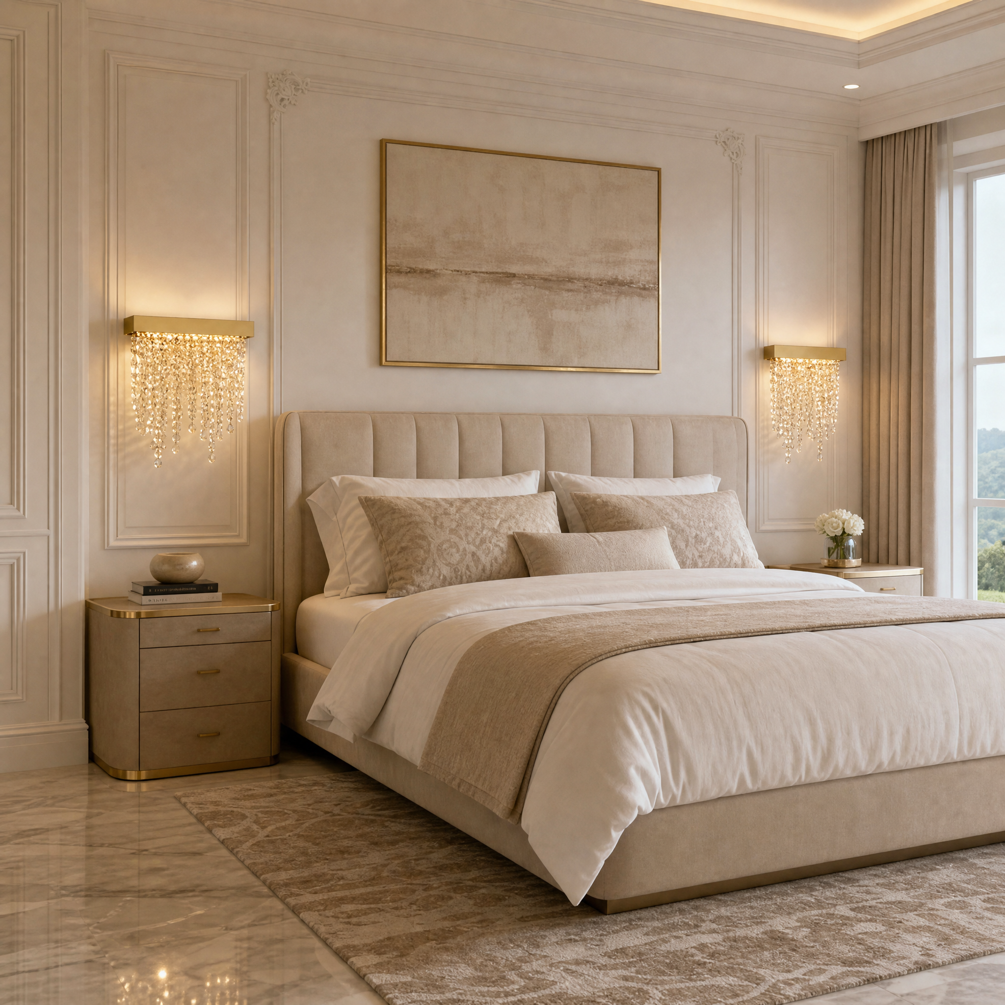The VORELLI Westminster Wall Light illuminating a luxury residential living room, blending contemporary crystal chains with high-end interior design.