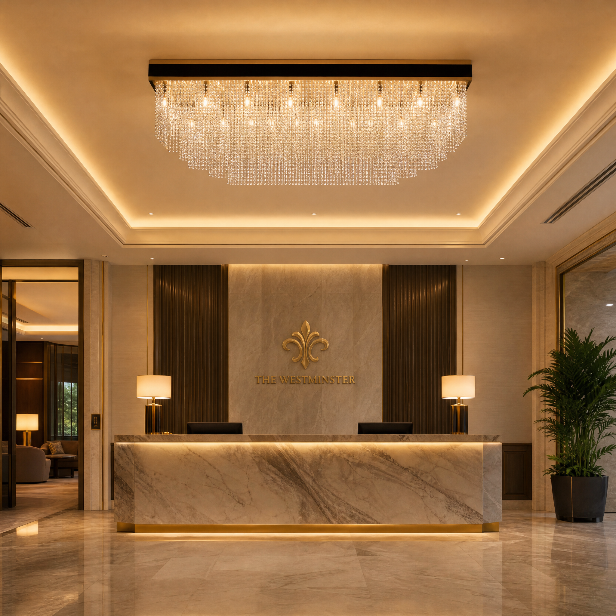 The cascading crystal chains of the Westminster rectangular ceiling light creating a grand, upscale ambiance in a luxury hotel lobby.