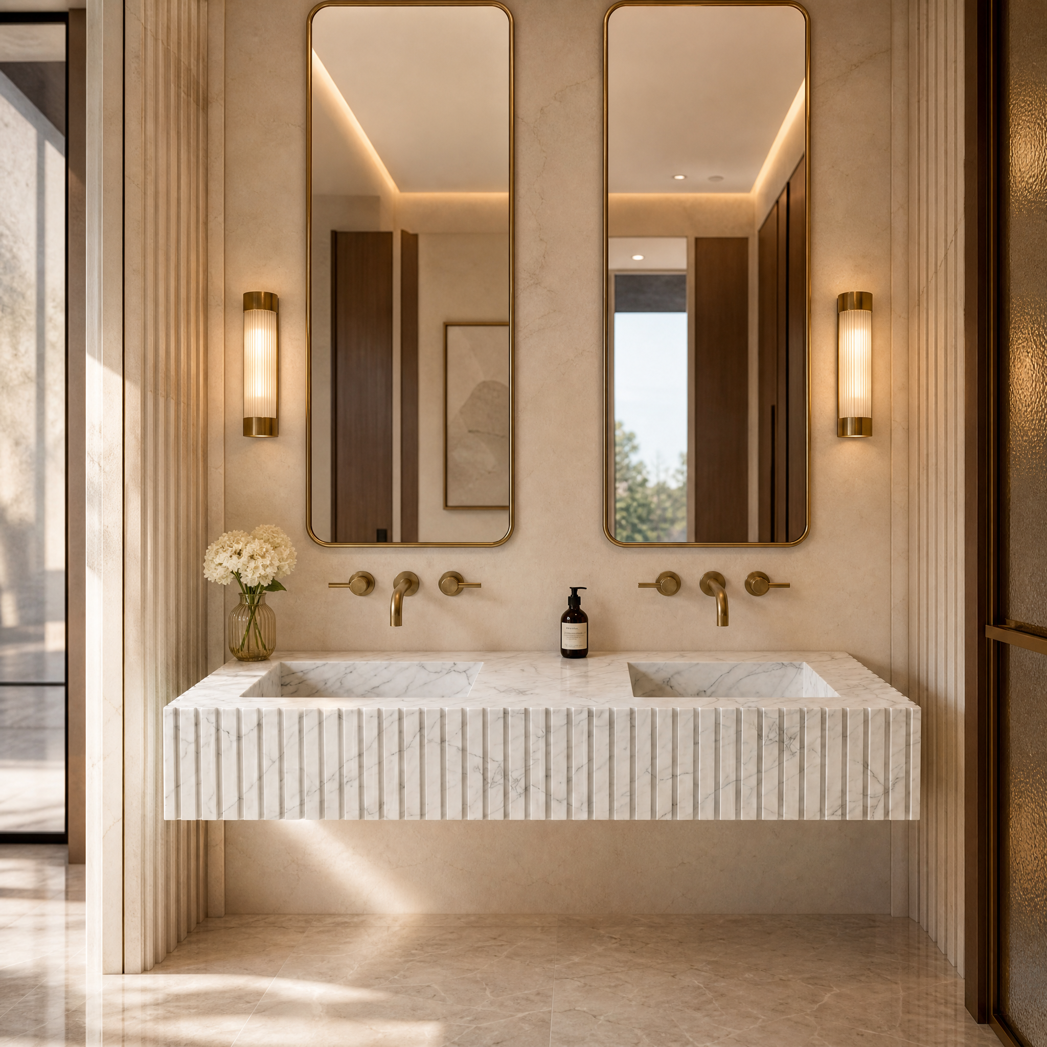 Luxury hospitality bathroom featuring the Vorelli White Carrara marble double sink with classic light-grey veining.