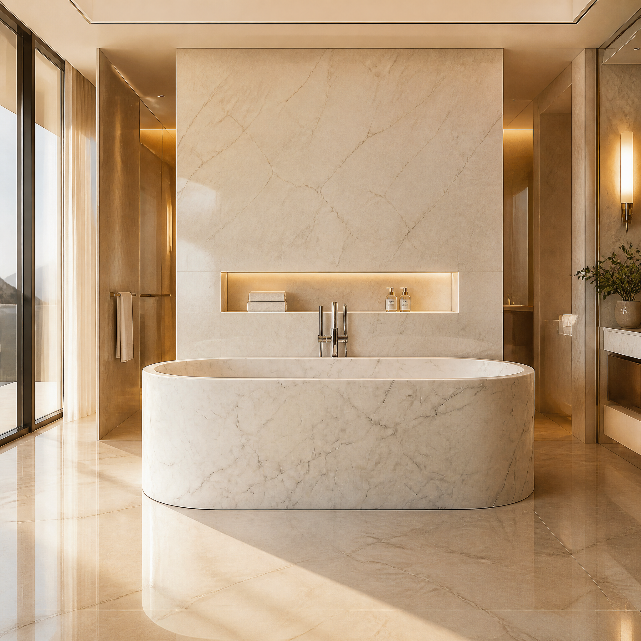 The premium VORELLI Carrara marble elliptical freestanding tub in a high-end boutique hotel suite, offering a spa-like atmosphere.