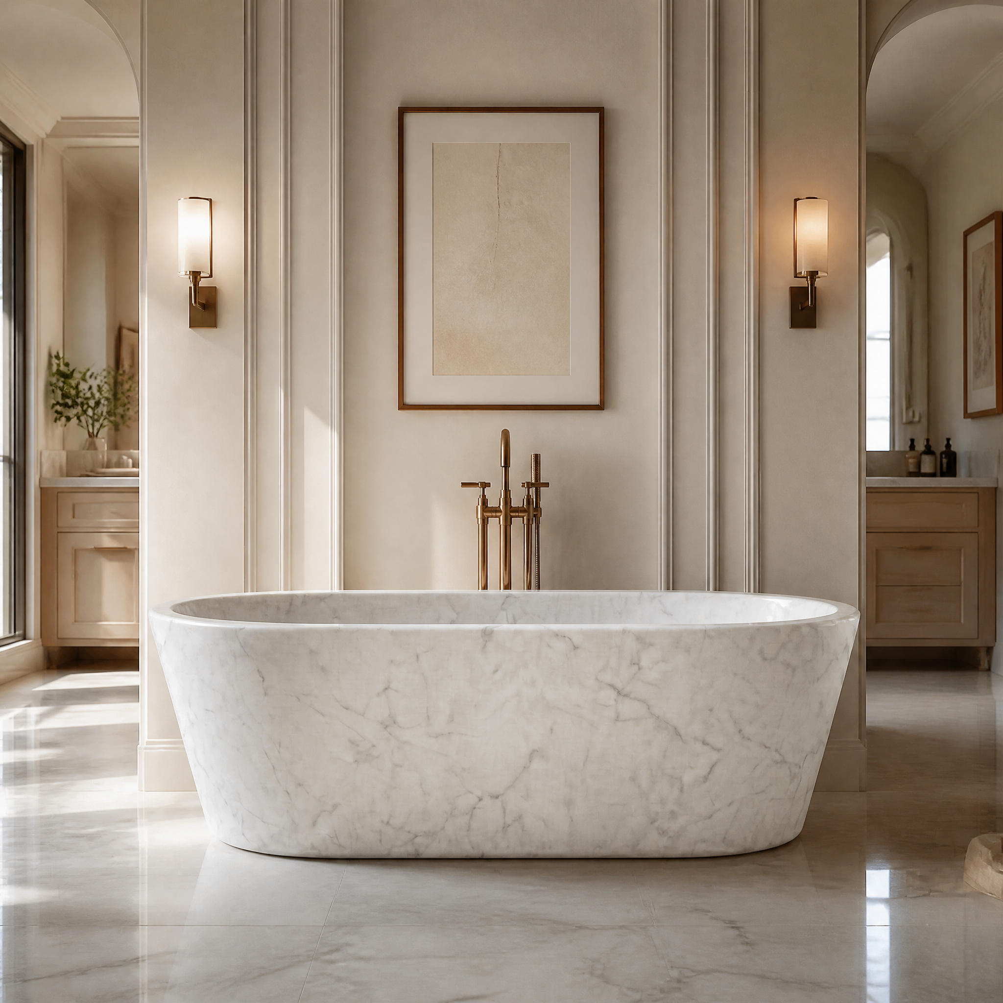Luxury residential bathroom featuring the VORELLI White Carrara Marble Freestanding Tapered Bathtub with elegant soft grey veining.