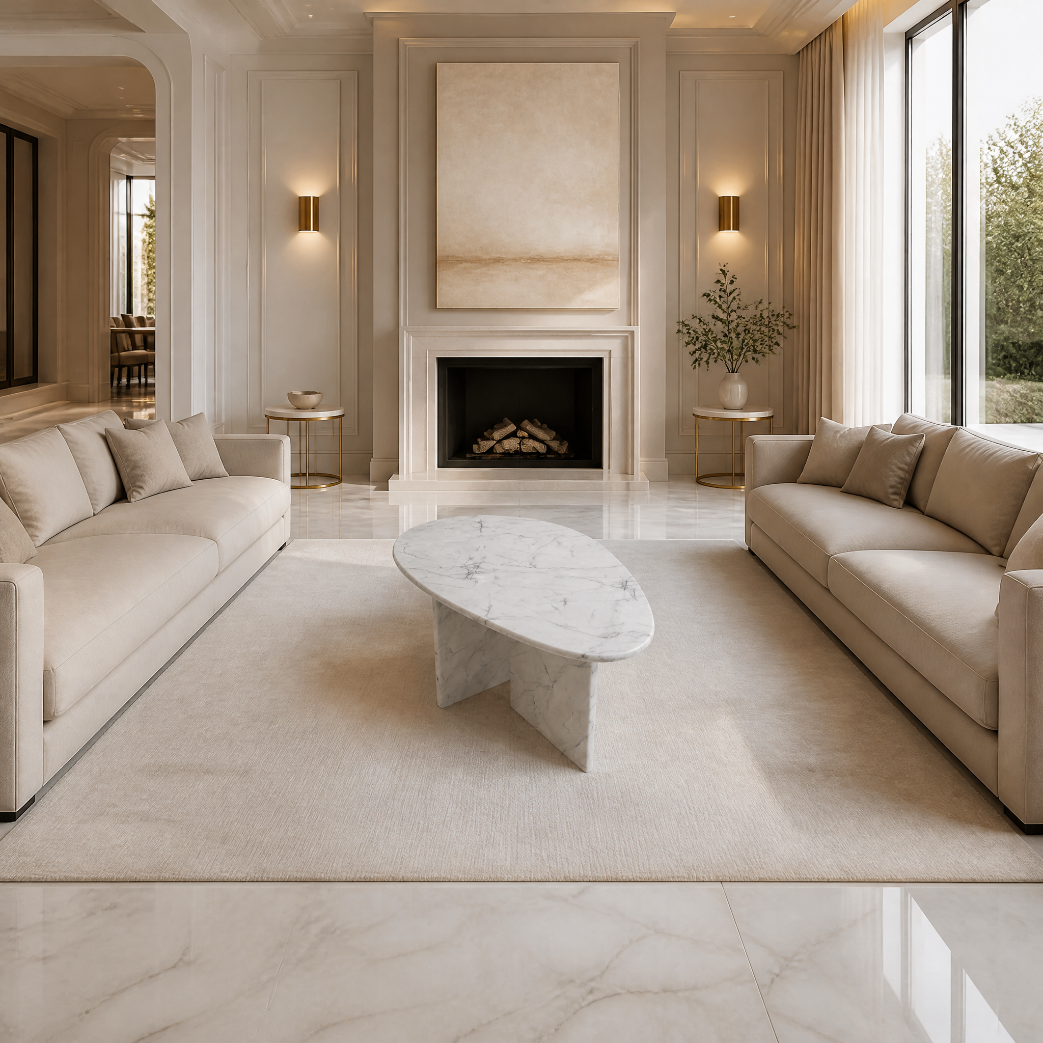 Luxury White Carrara marble coffee table with a unique pebble shape in a modern, sunlit residential living room setting.