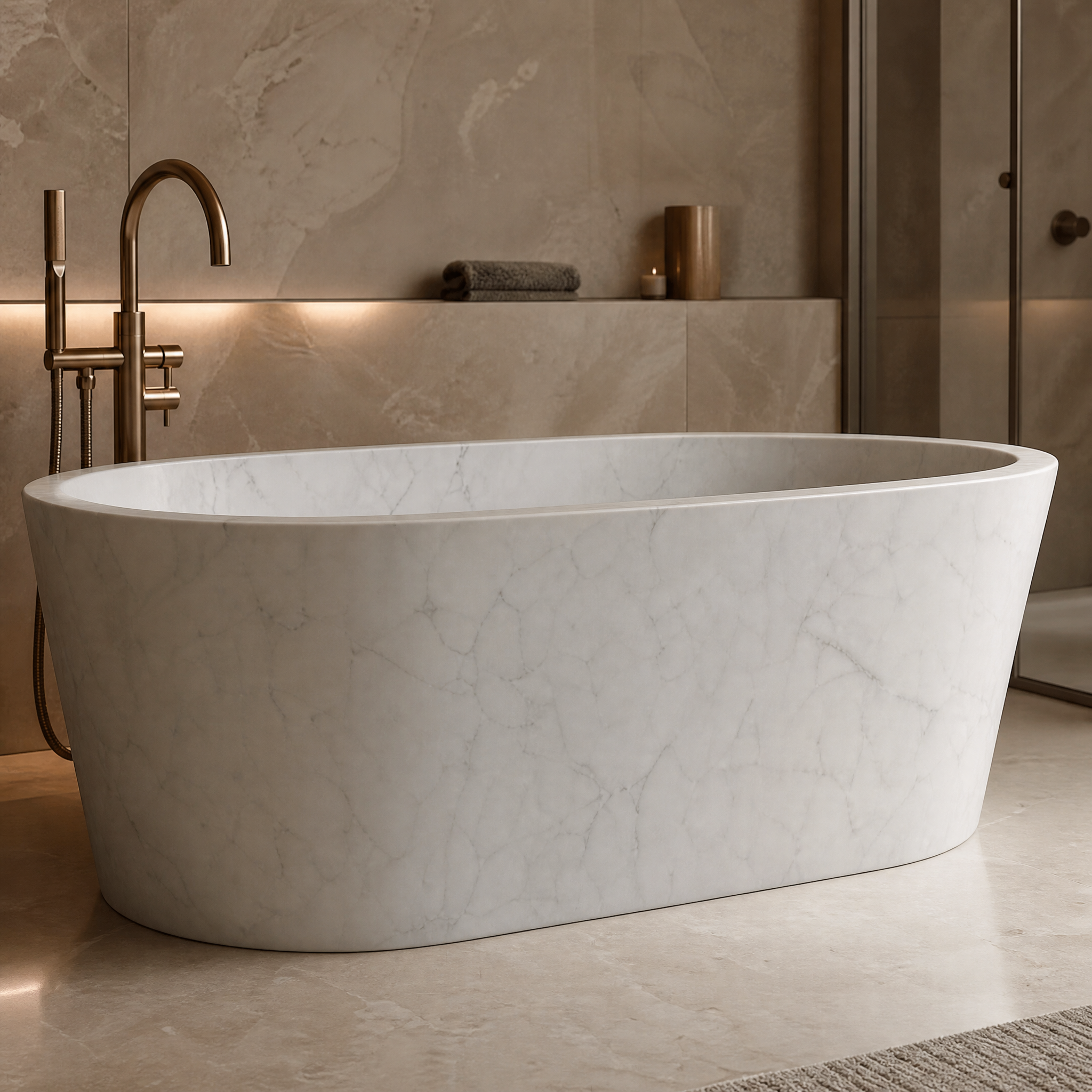 Detailed closeup of the premium White Carrara marble texture and feathered veining on the VORELLI tapered freestanding bathtub.