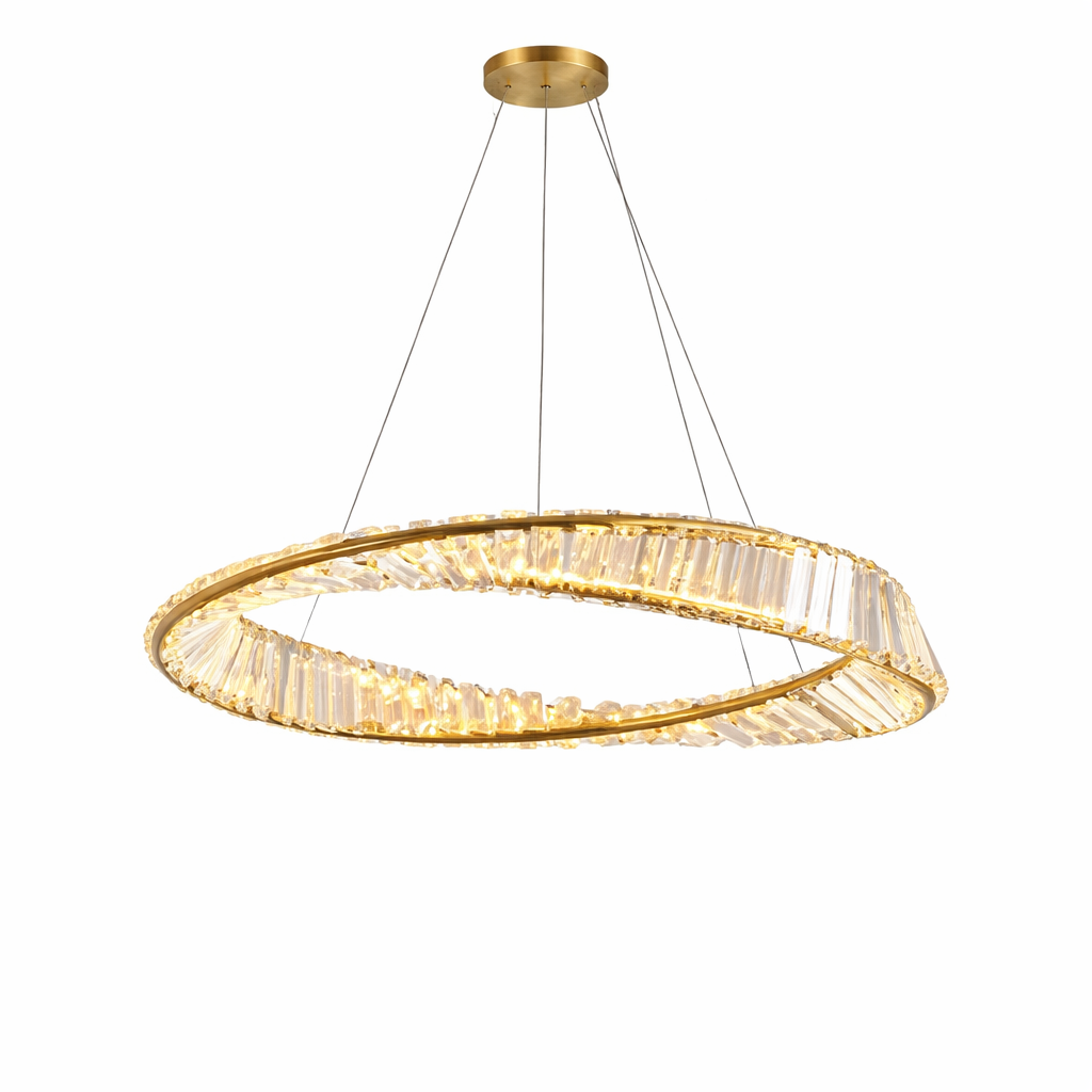 Wide angle shot of the Melia chandelier showcasing its unique twisted circular silhouette